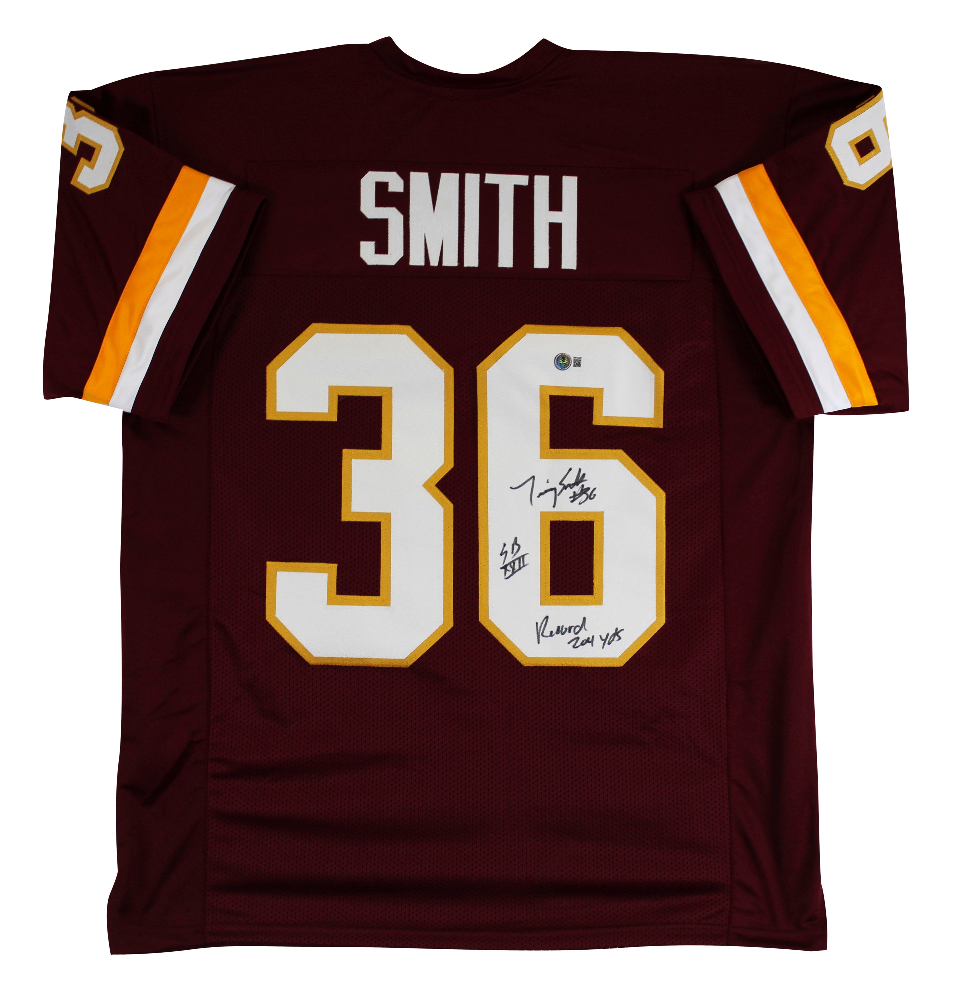 Timmy Smith "Record 204 Yards SB XXII" Signed Maroon Pro Style Jersey BAS Wit