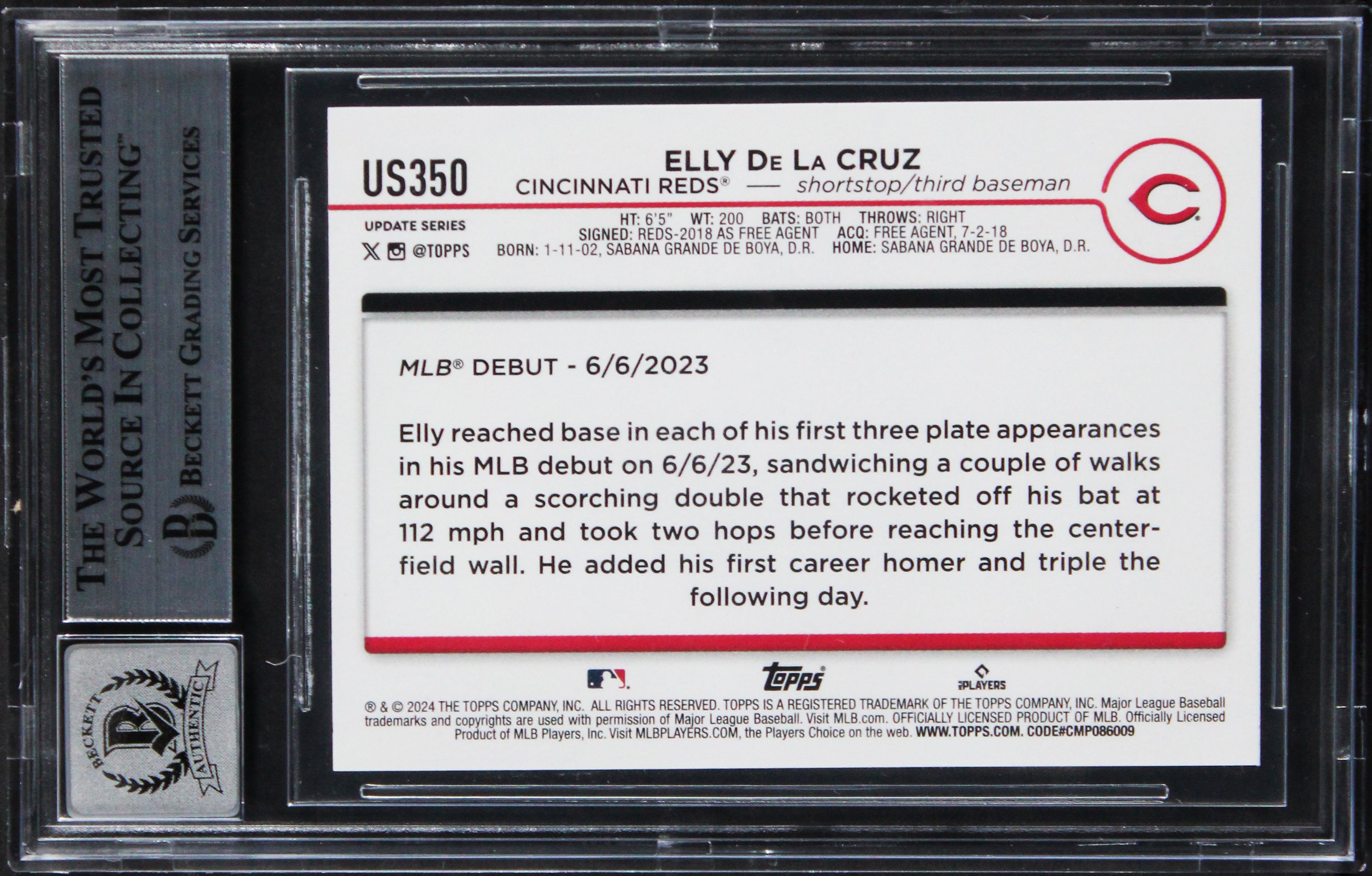 Reds Elly De La Cruz Signed 2024 Topps Update #US350 RC Card Auto 10! BAS Slab