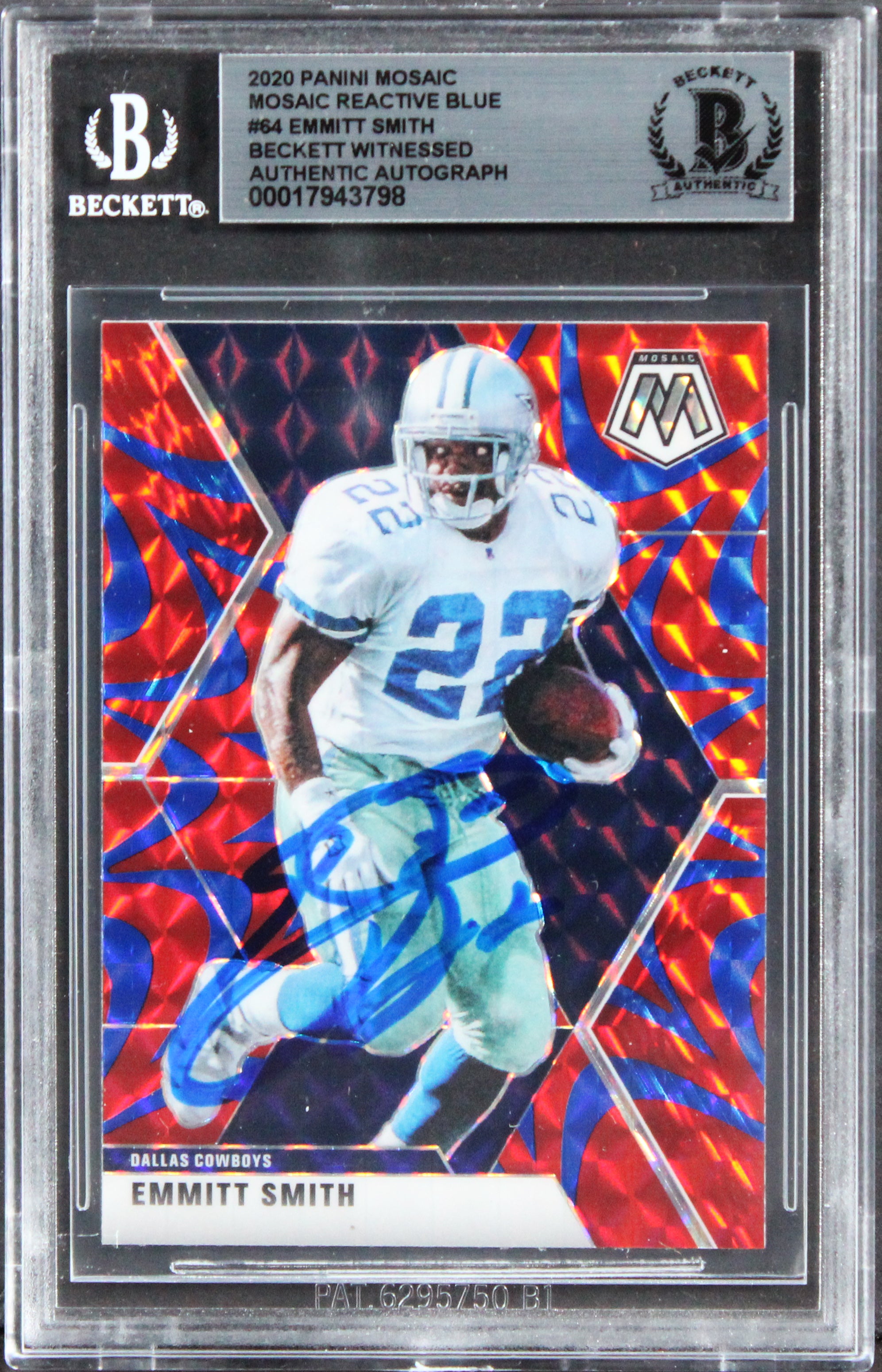 Cowboys Emmitt Smith Signed 2020 Panini Mosaic React Blue #84 Card BAS Slabbed