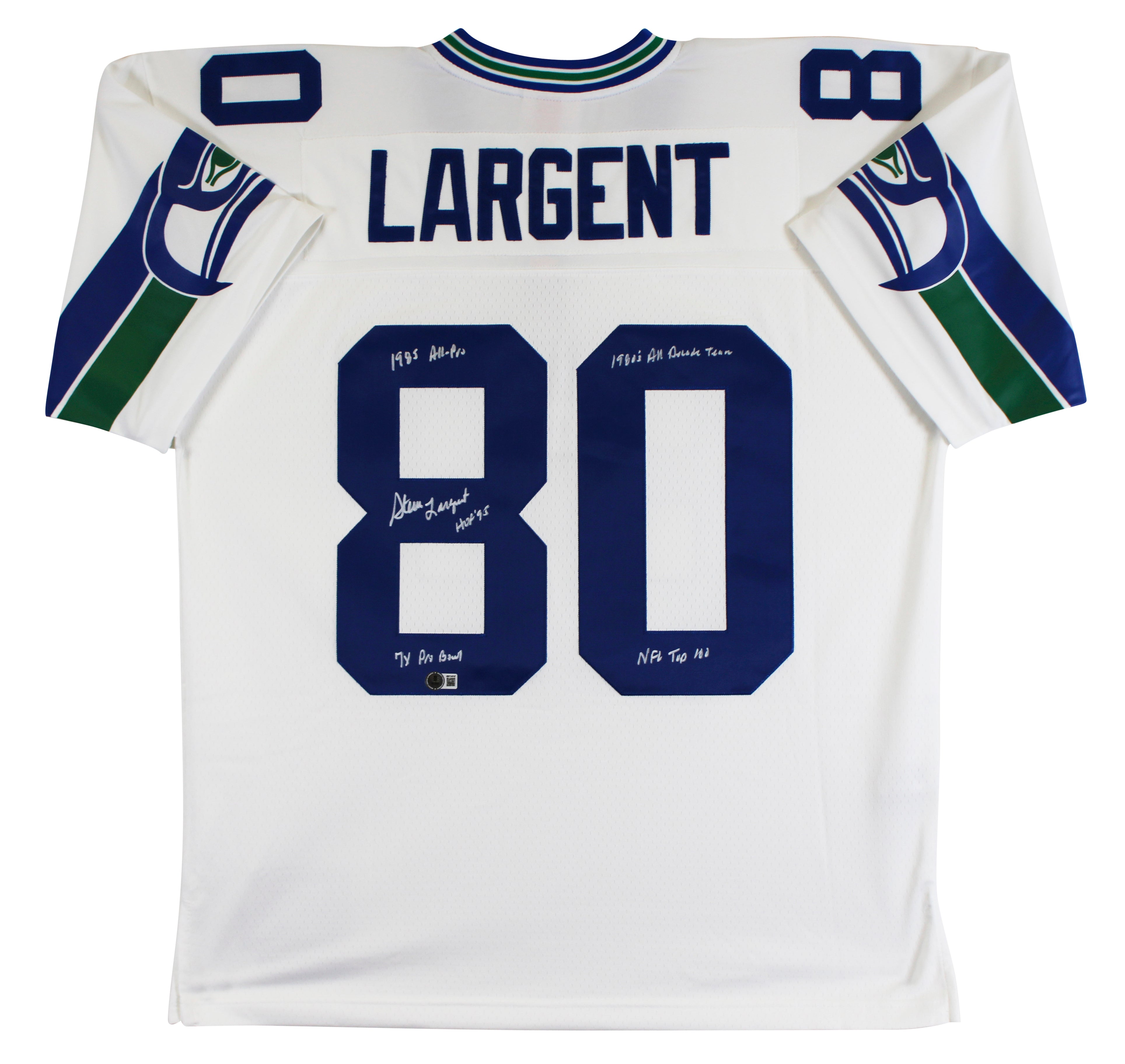 Seahawks Steve Largent "Career Stat" Signed White M&N TB Jersey BAS Witnessed