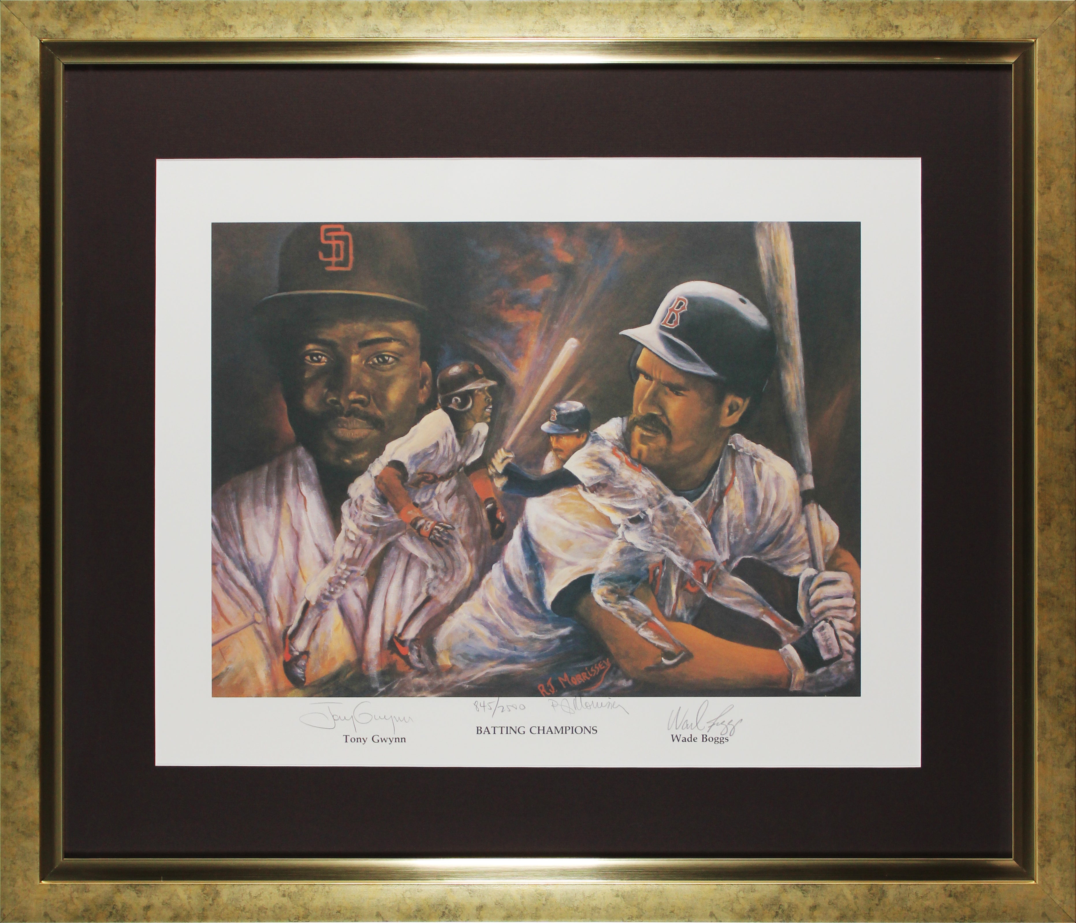 Tony Gwynn, Wade Boggs & R.J. Morrissey Signed 19x24 Framed Lithograph BAS