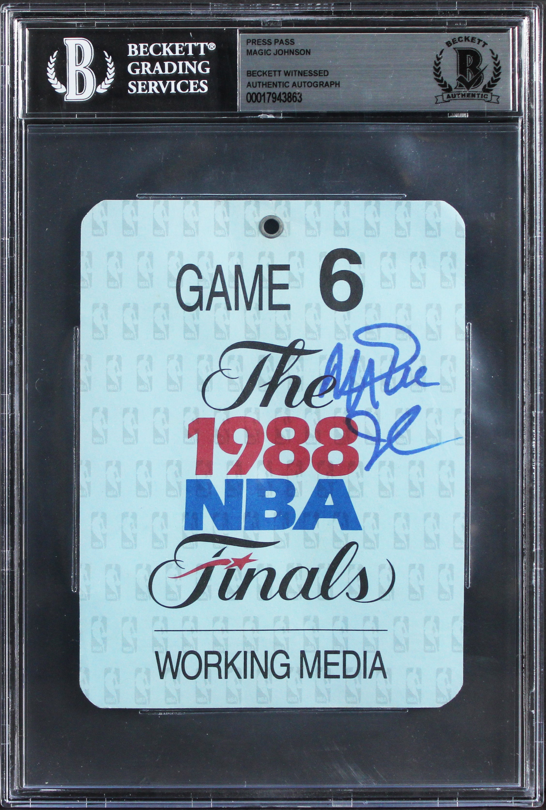 Lakers Magic Johnson Signed 4x5 1988 NBA Finals Game 6 Media Badge BAS Slabbed