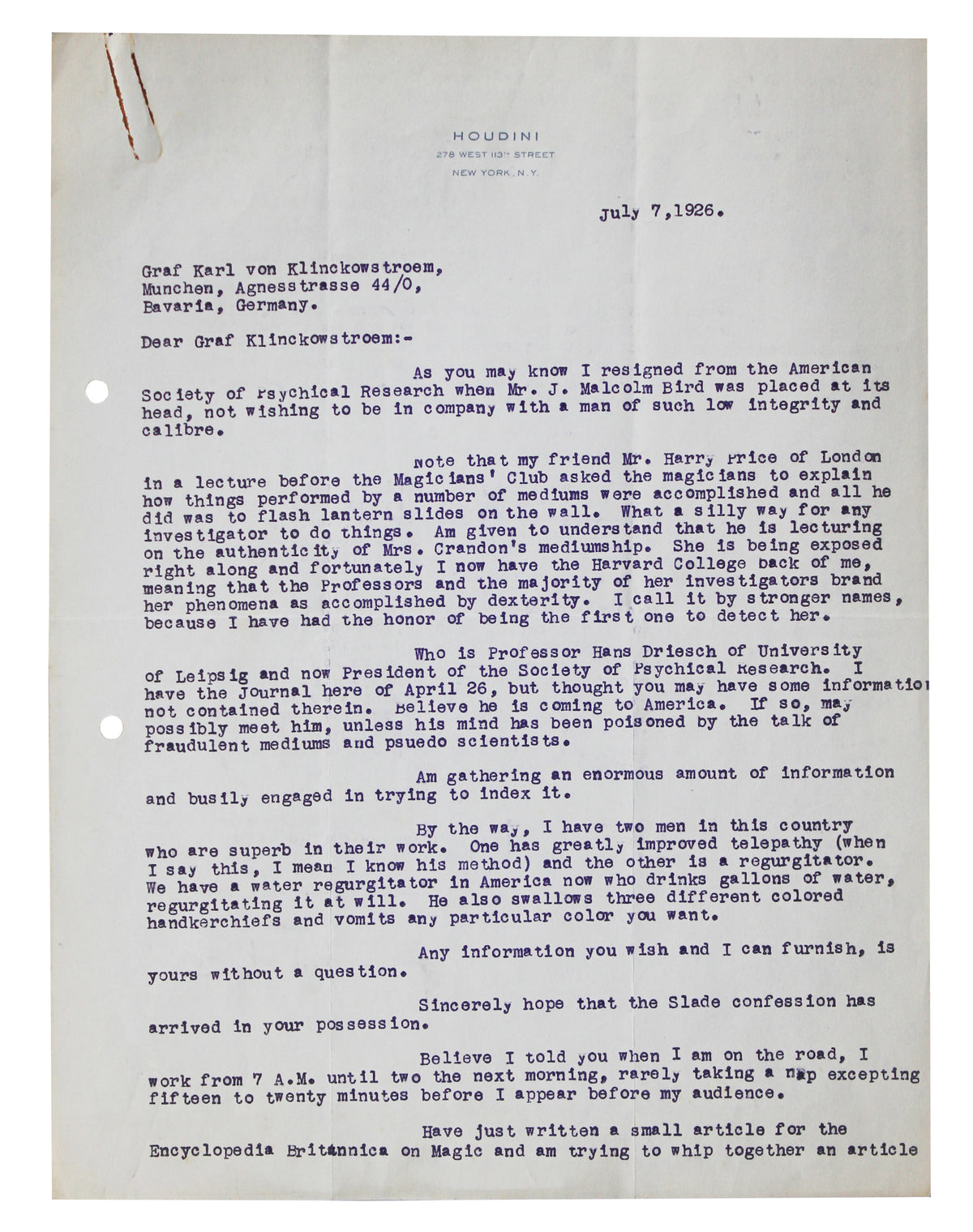 Harry Houdini Signed 5.5x8.25 2 Page Letter Dated July 7, 1926 BAS #AE13542