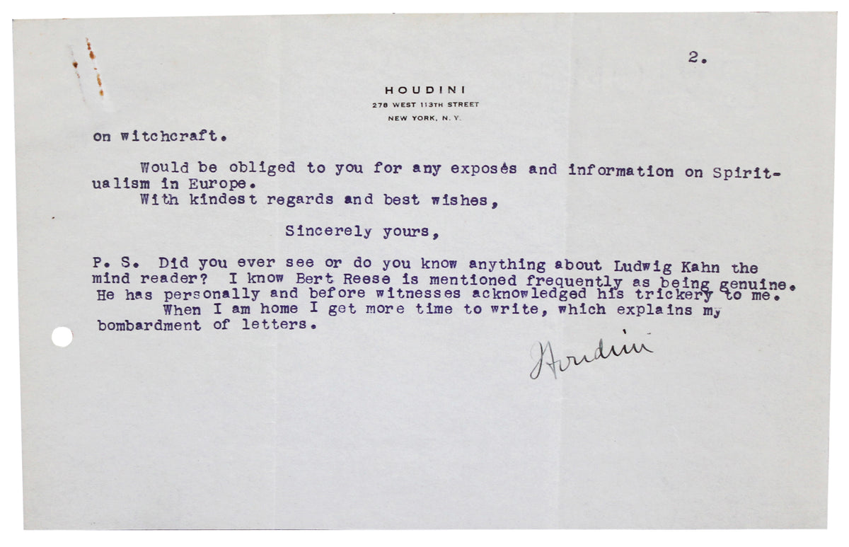 Harry Houdini Signed 5.5x8.25 2 Page Letter Dated July 7, 1926 BAS #AE13542
