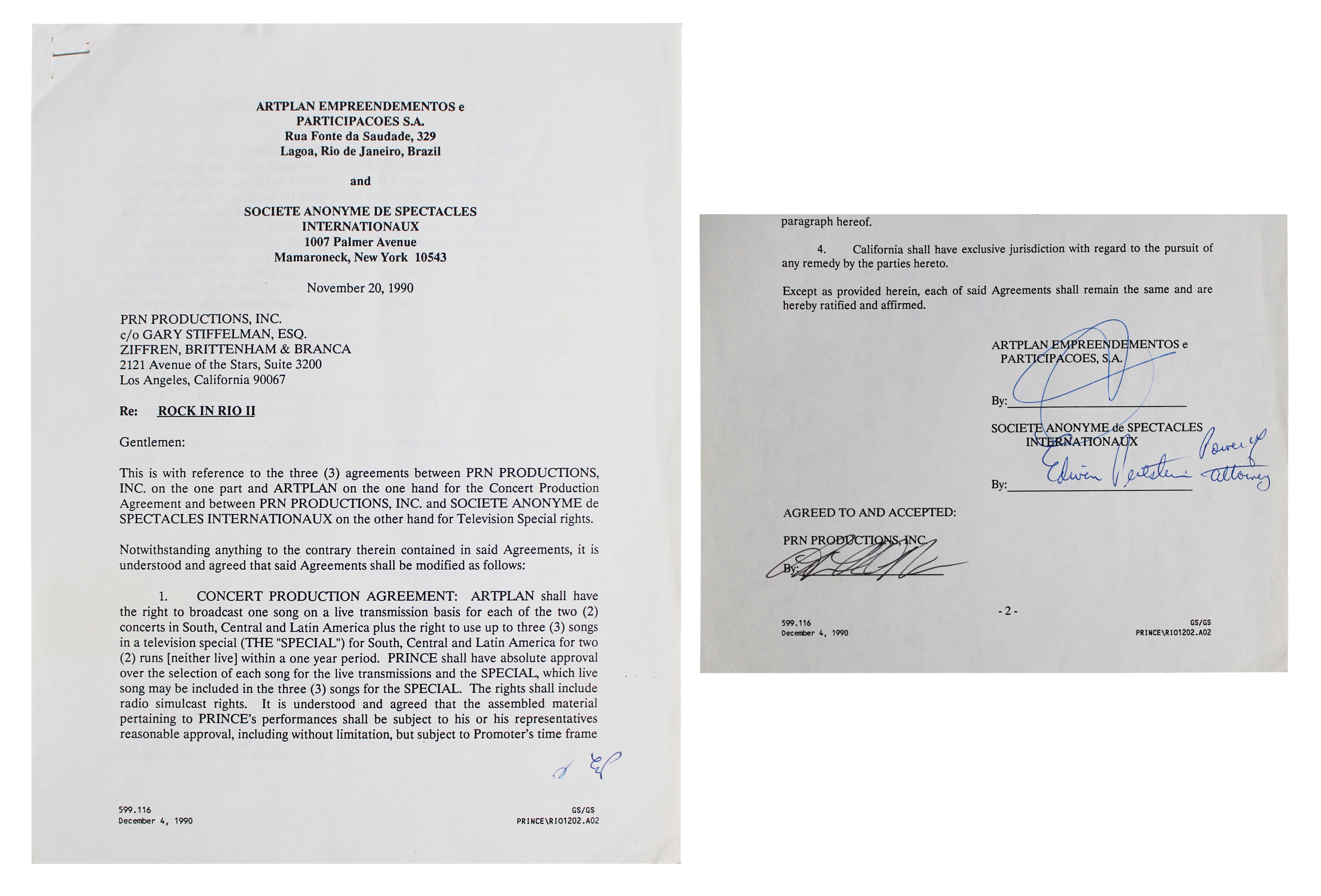 Prince Signed 8.5x11 1991 Rock In Rio II Concert Festival Contract JSA #ZZ41328