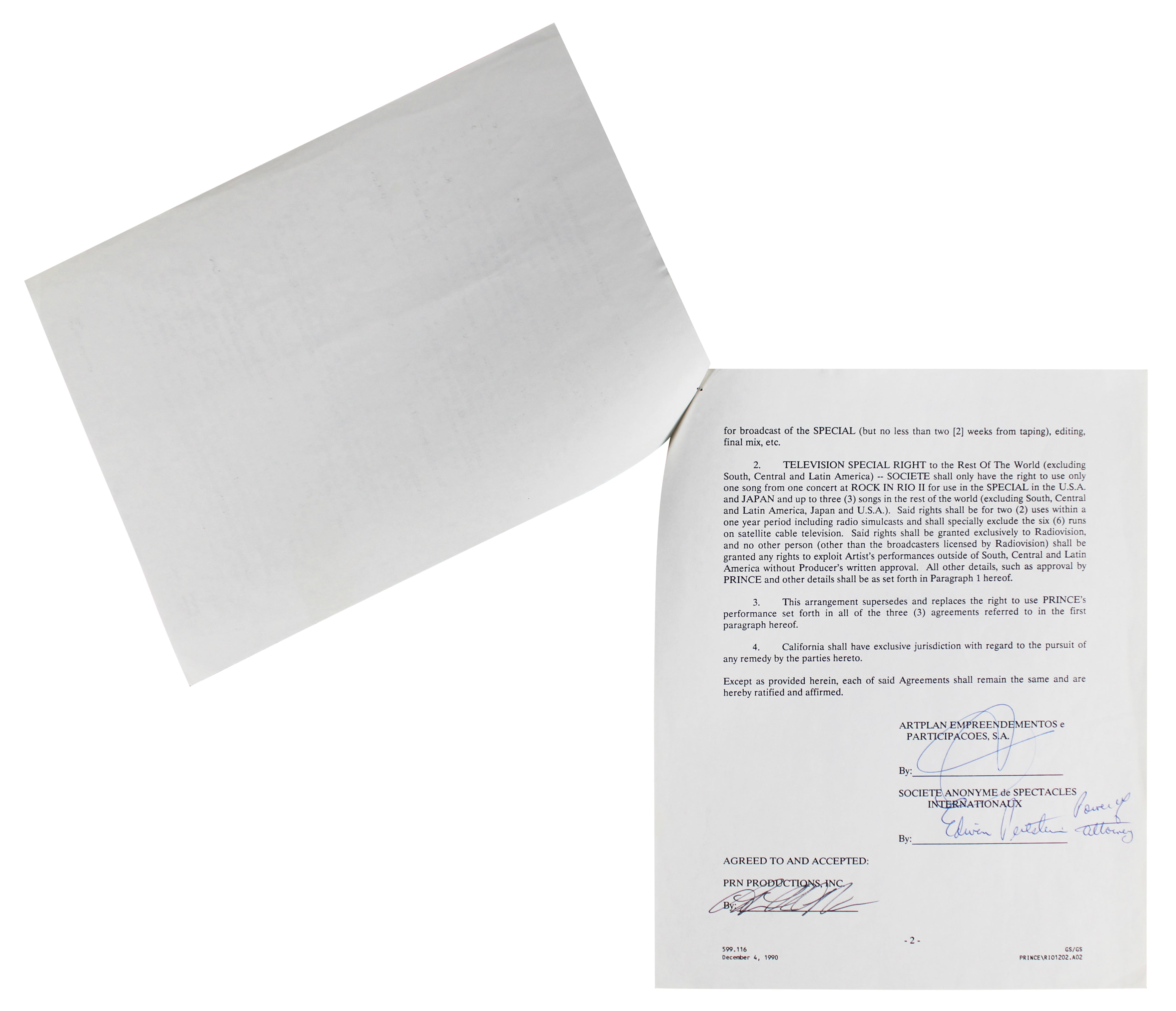 Prince Signed 8.5x11 1991 Rock In Rio II Concert Festival Contract JSA #ZZ41328