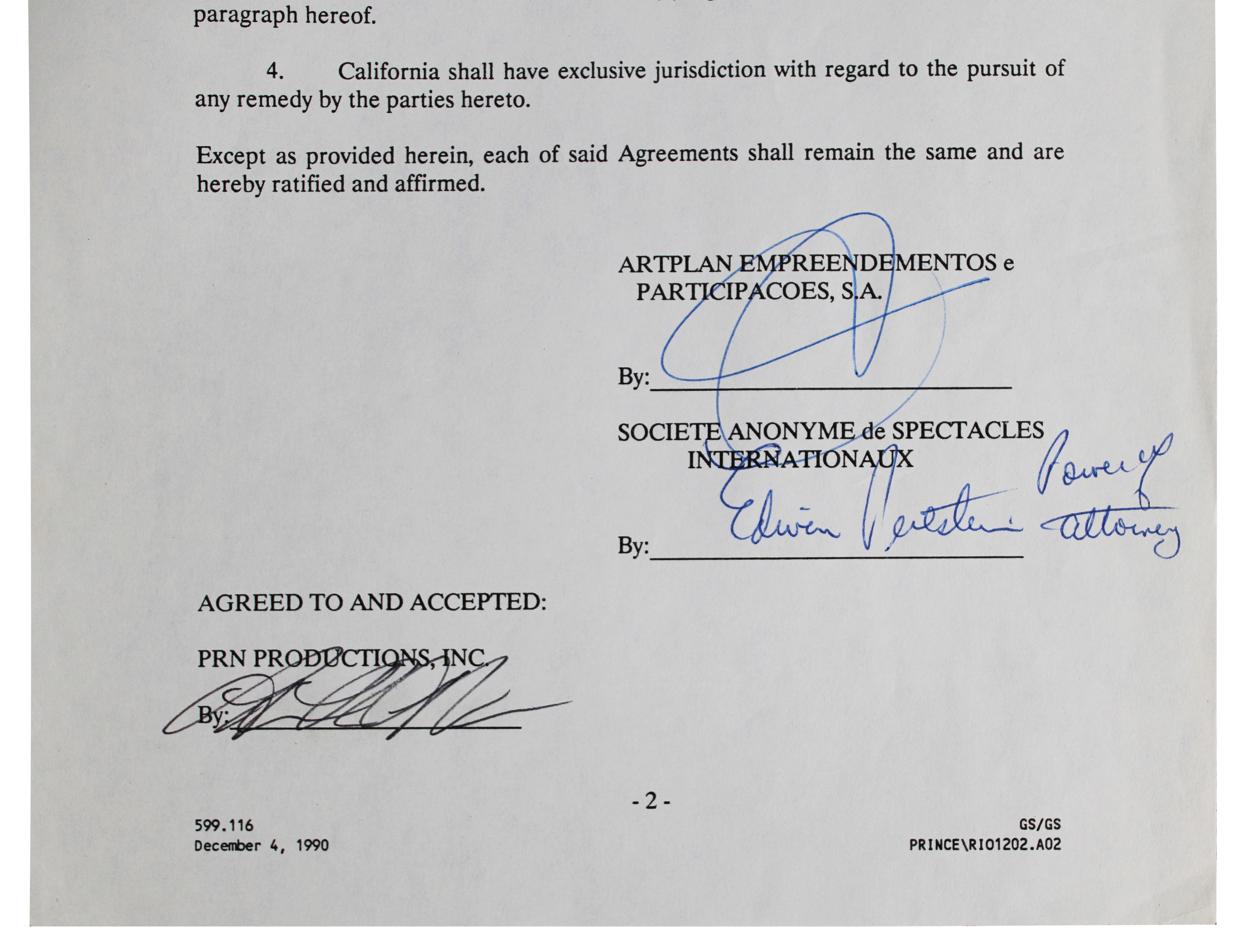 Prince Signed 8.5x11 1991 Rock In Rio II Concert Festival Contract JSA #ZZ41328