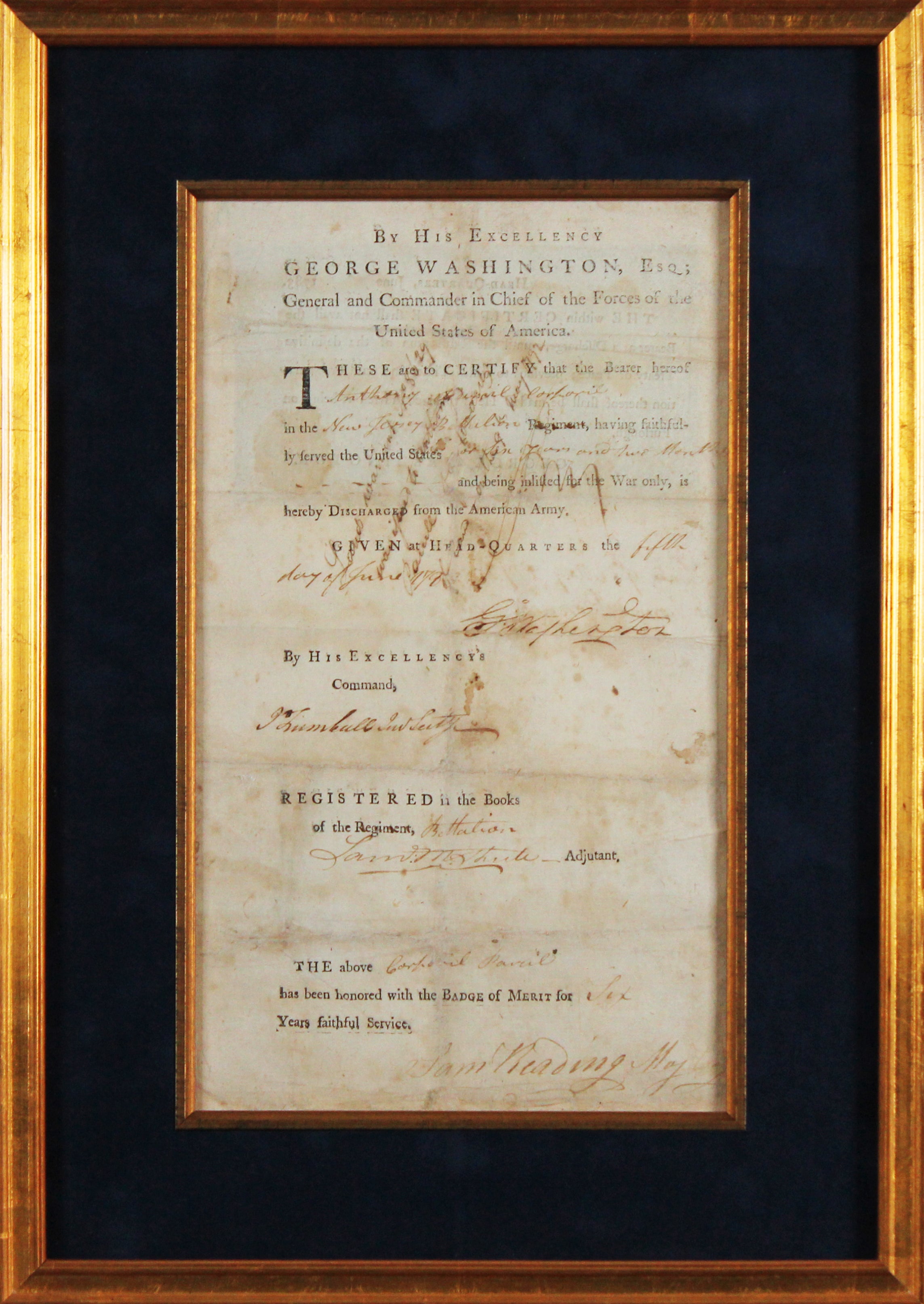 George Washington Signed & Framed 1783 Revolutionary War Discharge Document BAS