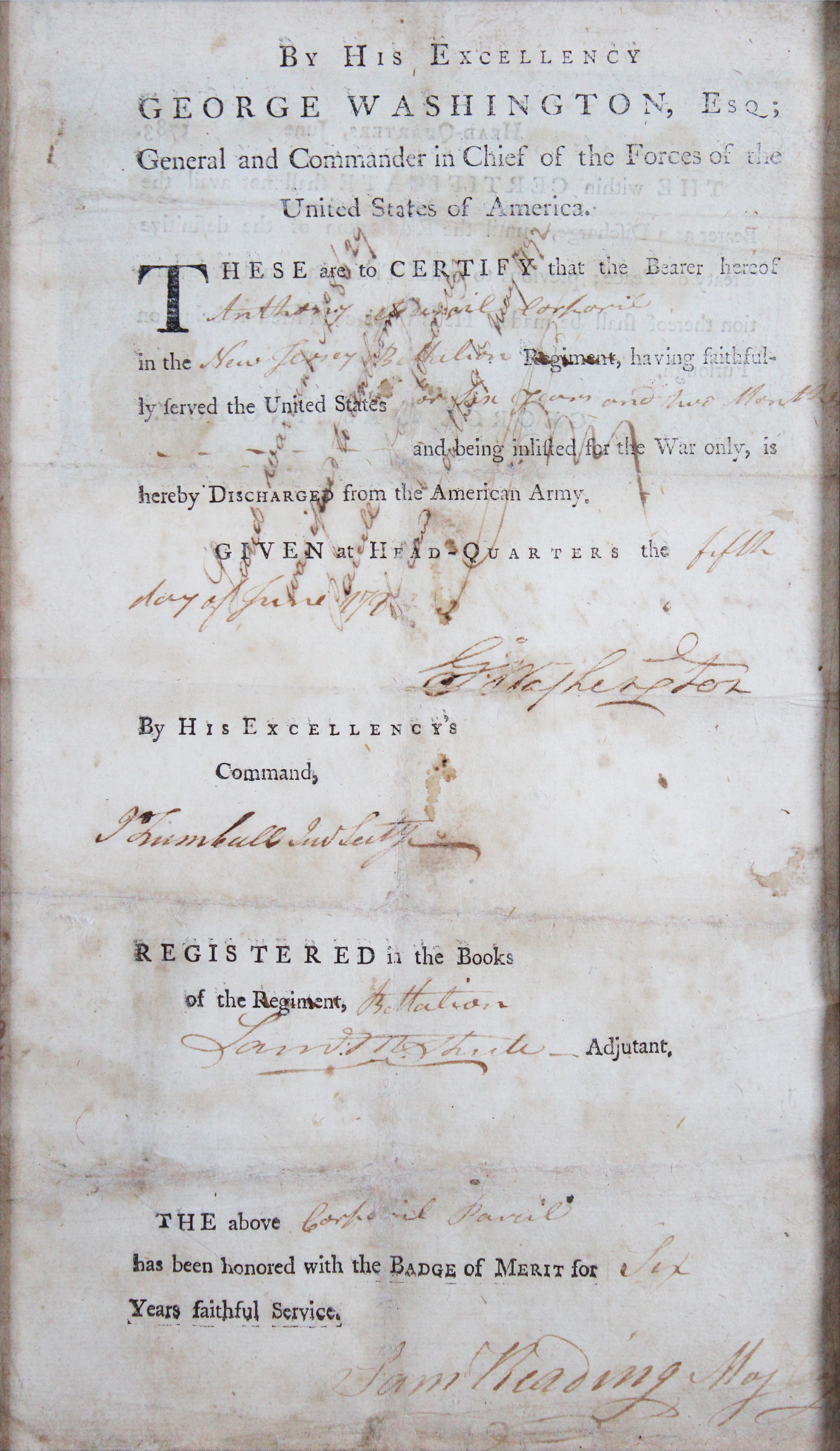 George Washington Signed & Framed 1783 Revolutionary War Discharge Document BAS