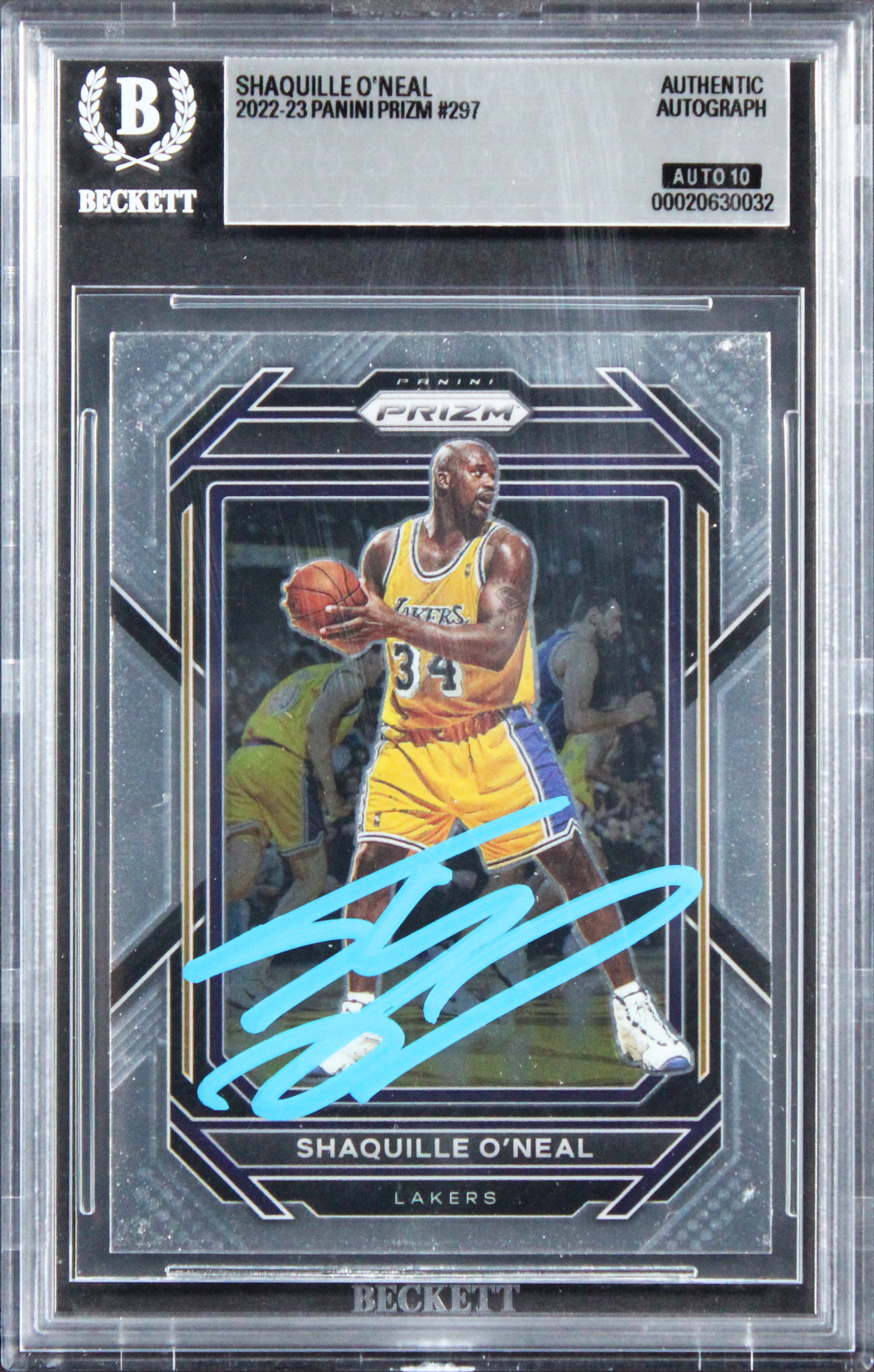 Lakers Shaquille O'Neal Signed 2022 Panini Prizm #297 Card Auto 10! BAS Slabbed
