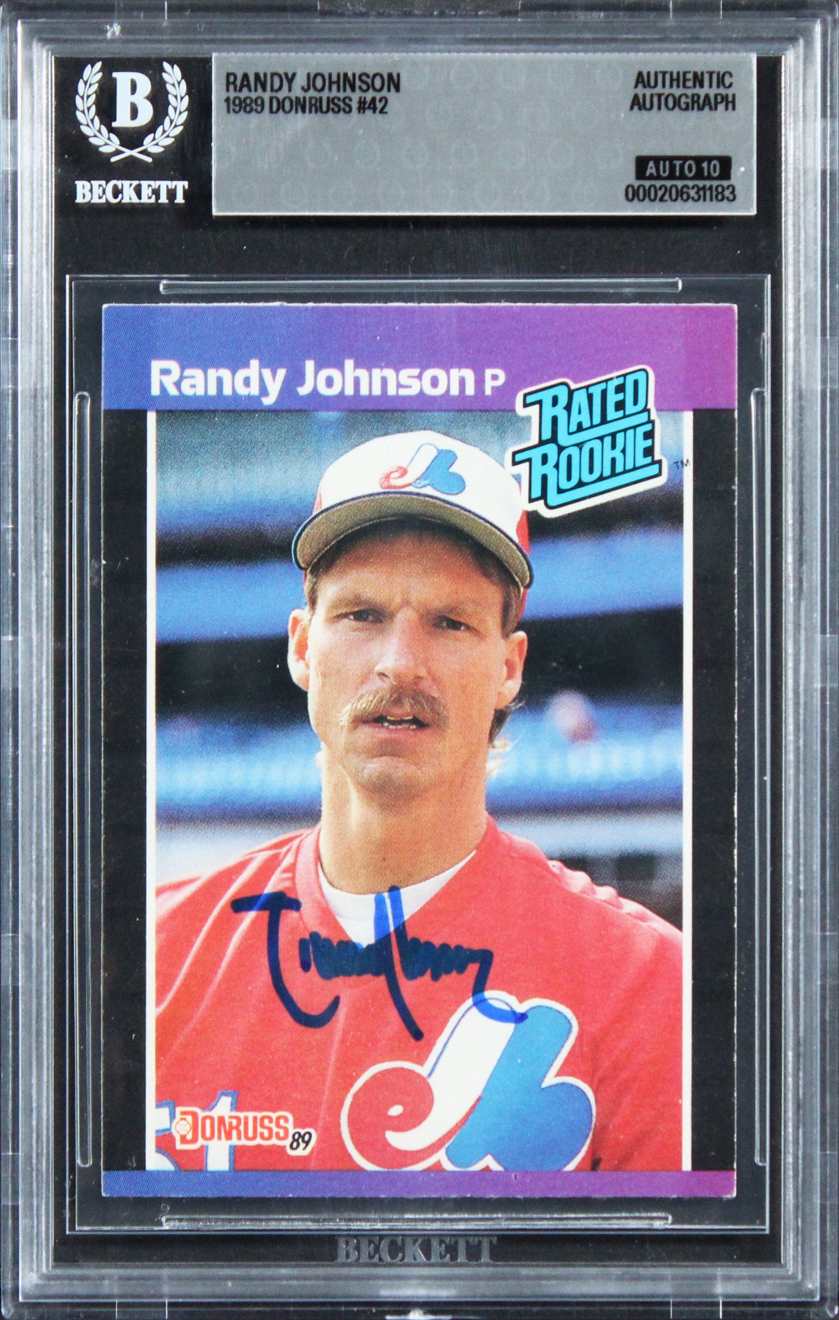 Expos Randy Johnson Signed 1989 Donruss #42 Rookie Card Auto GM 10! BAS Slabbed
