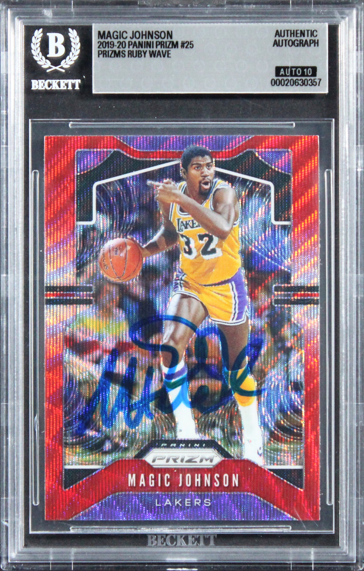 Magic Johnson Signed 2019 Panini Prizm Ruby Wave #25 Card Auto 10! BAS Slabbed