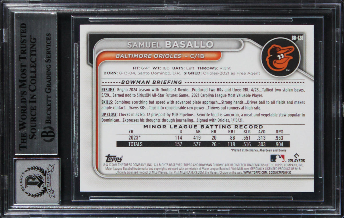 Orioles Samuel Basallo Signed 2024 Bowman Draft #BD128 Card Auto 10! BAS Slabbed