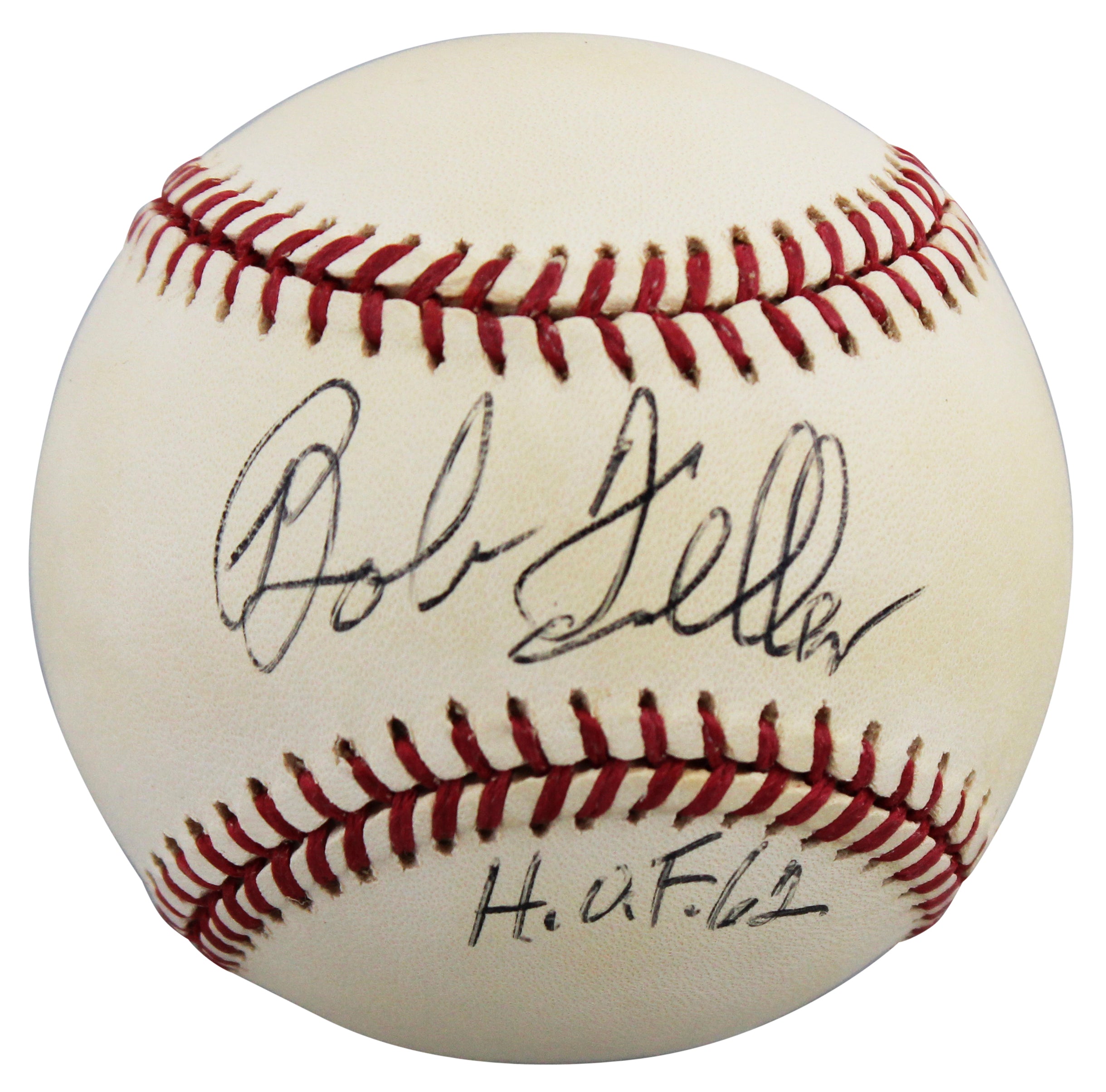 Indians Bob Feller "HOF 62" Authentic Signed Brown OAL Baseball BAS #BW89076