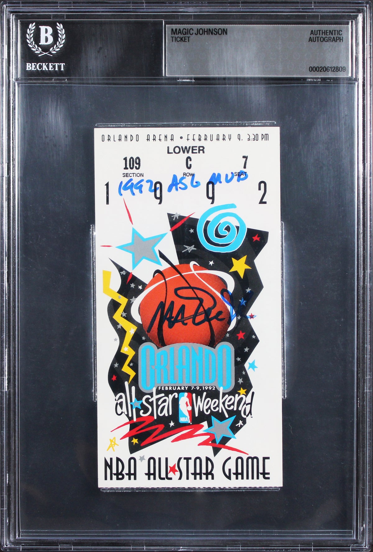 Magic Johnson "1992 ASG MVP" Signed 1992 NBA All Star Game Ticket Stub BAS Slab