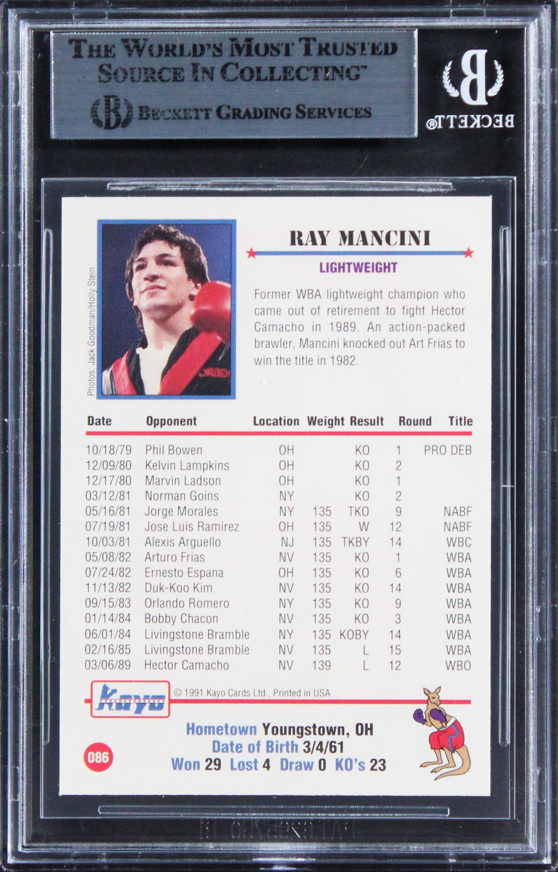 Ray Mancini "3x Insc" Authentic Signed 1991 Kayo #86 Card BAS Slabbed 2