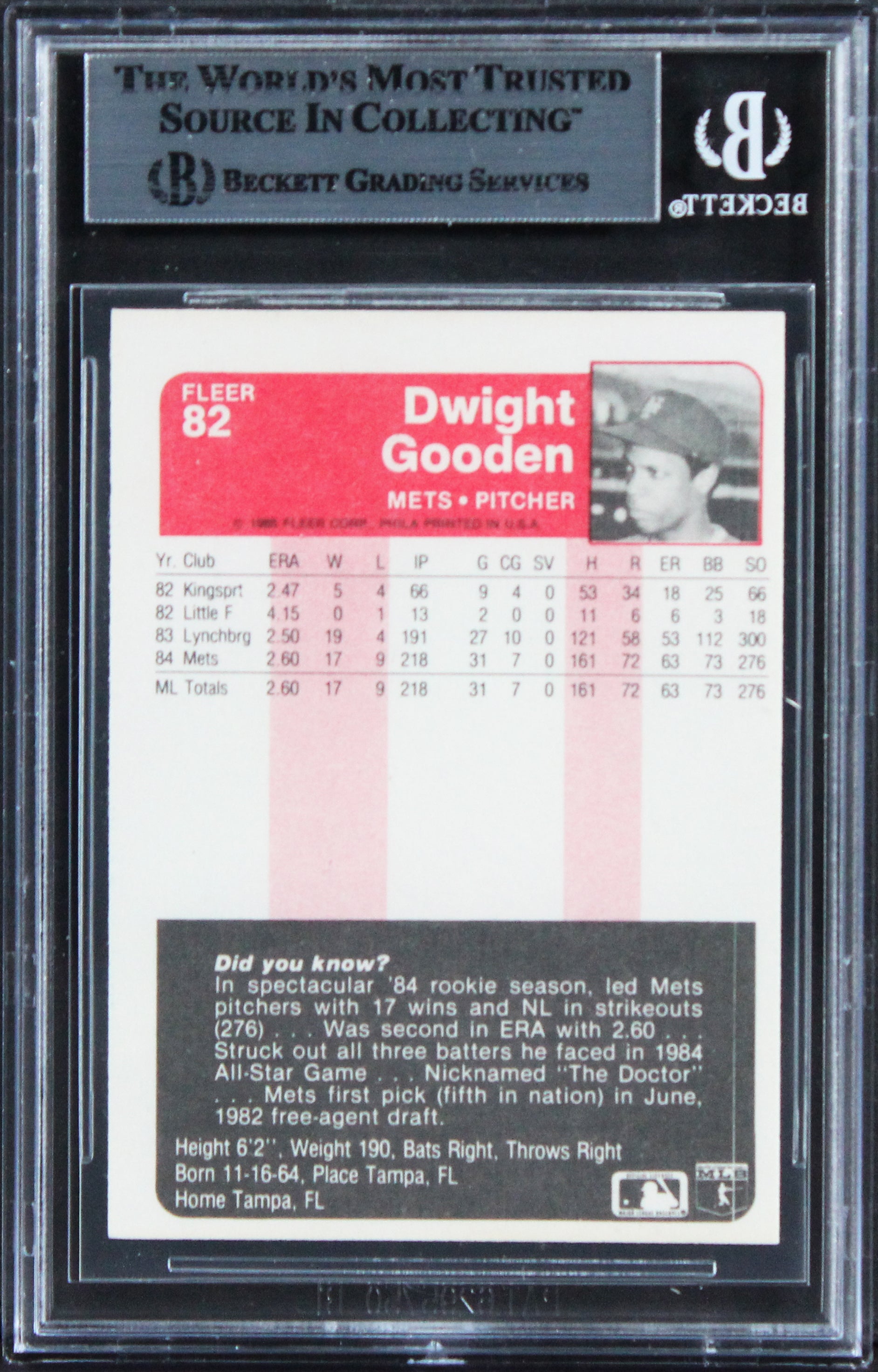 Mets Dwight Gooden Authentic Signed 1985 Fleer #82 Rookie Card BAS Slabbed