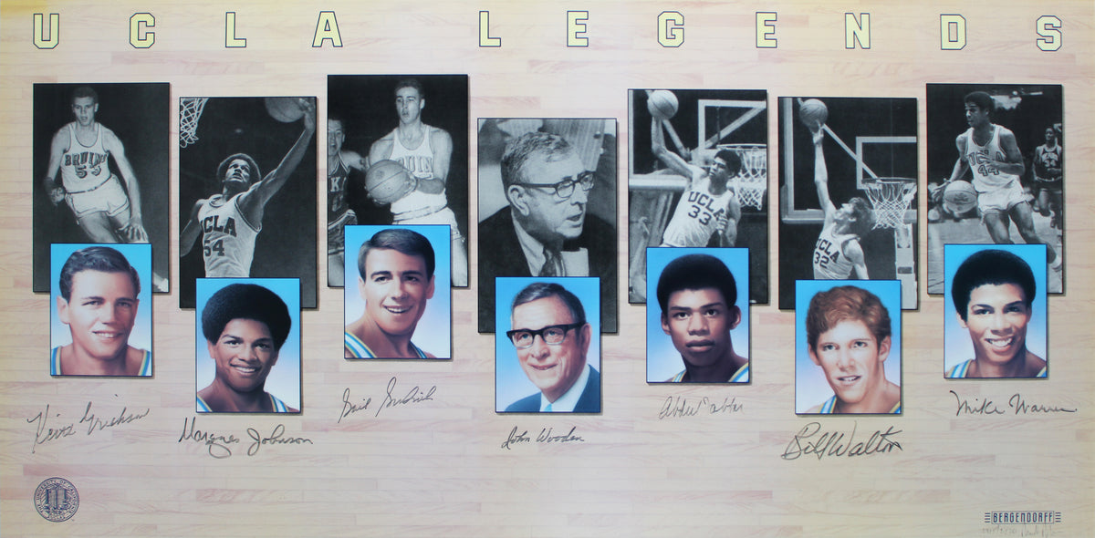 UCLA (7) Wooden, Abdul-Jabbar, Walton, Goodrich Signed Framed 18x36 Photo BAS