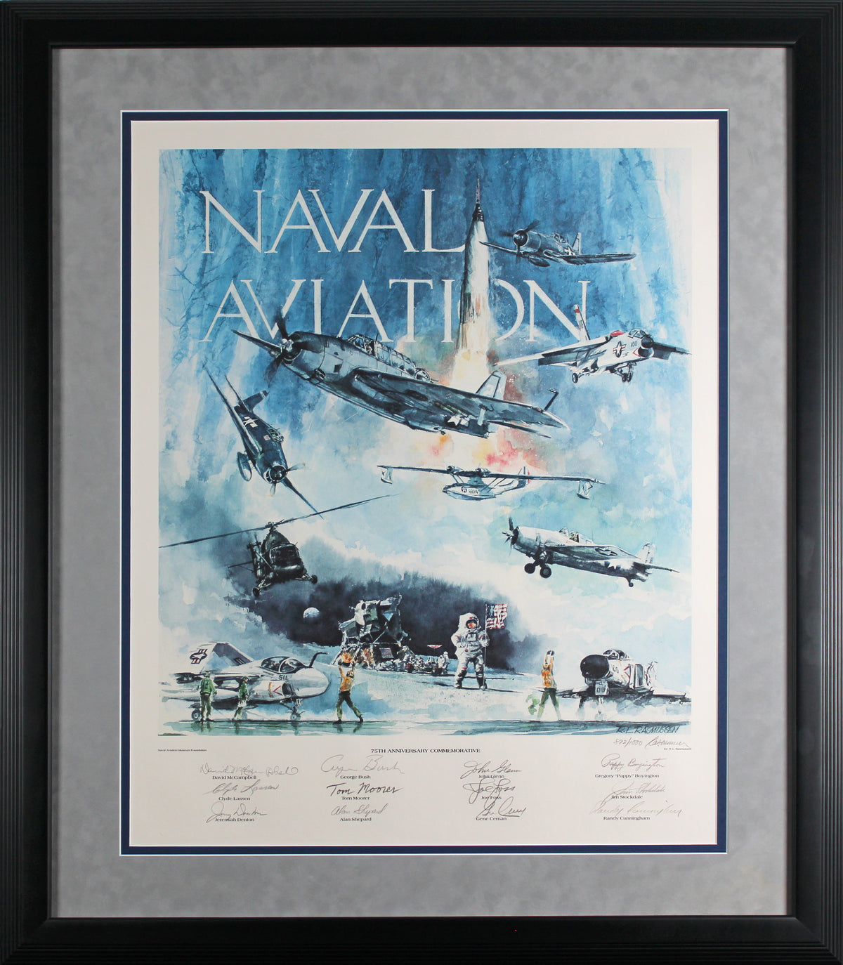 Naval Aviators (13) Bush, Foss, Glenn Signed 25x31 Framed Litho LE #872/1000 BAS