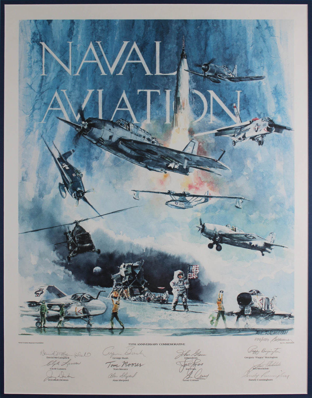 Naval Aviators (13) Bush, Foss, Glenn Signed 25x31 Framed Litho LE #872/1000 BAS