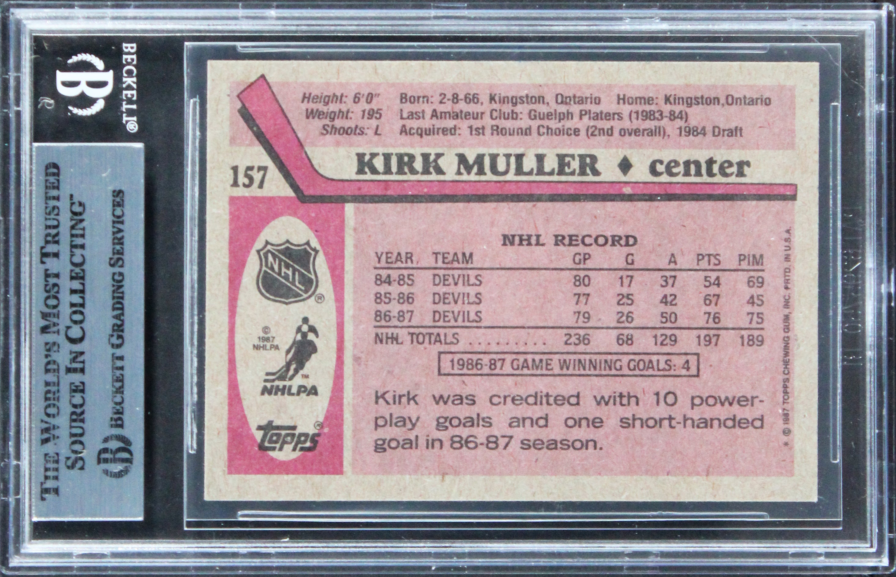 Devils Kirk Muller Authentic Signed 1987 Topps #157 Card BAS Slabbed