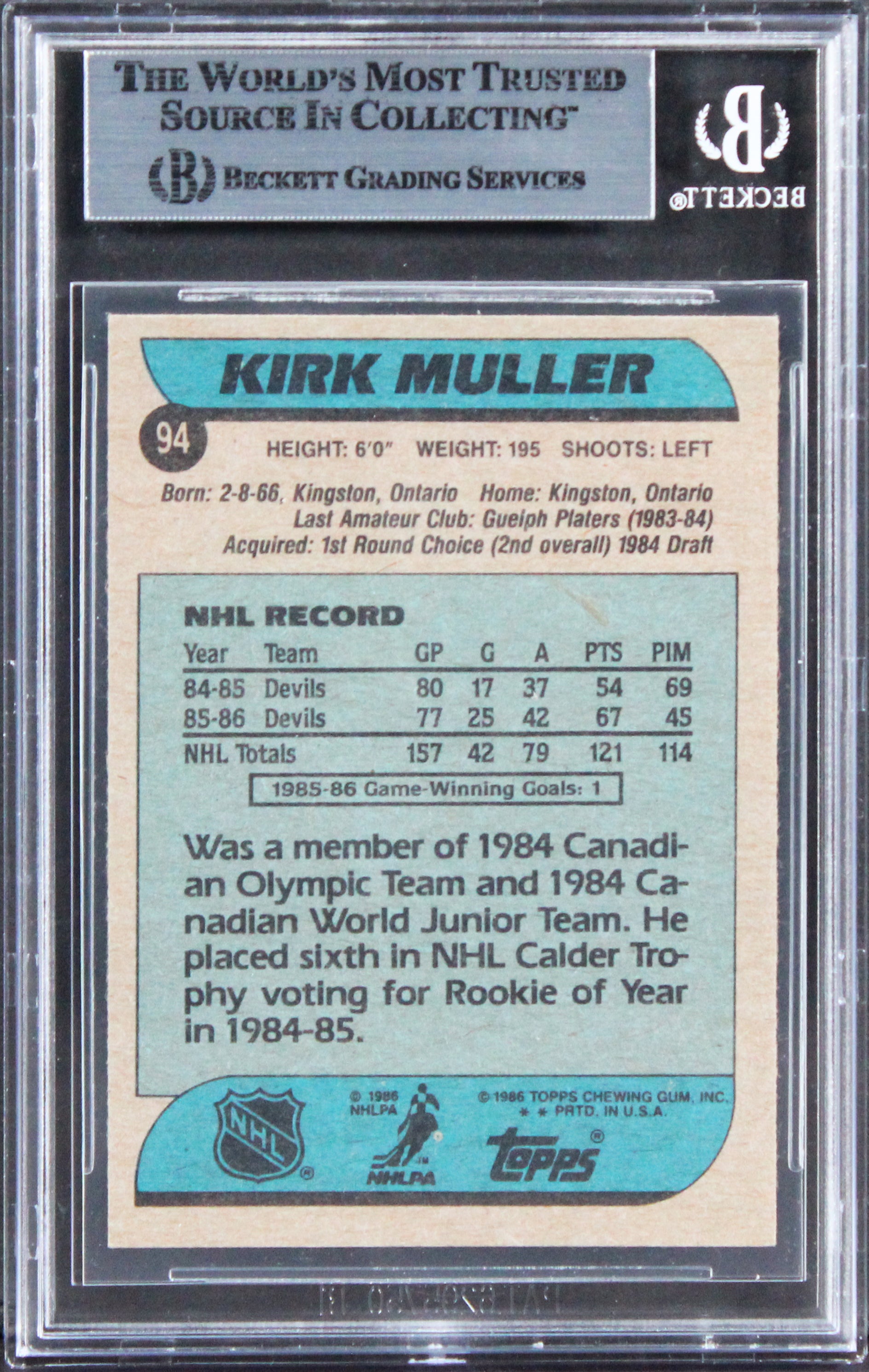Devils Kirk Muller Authentic Signed 1986 Topps #94 Card BAS Slabbed
