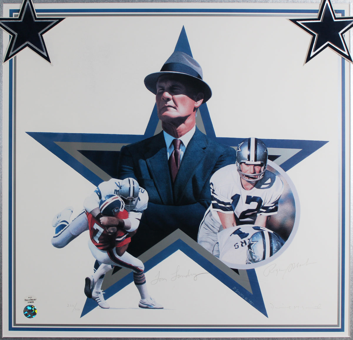 Cowboys Roger Staubach & Tom Landry Signed & Framed 17x18 Litho LE #222/750 BAS