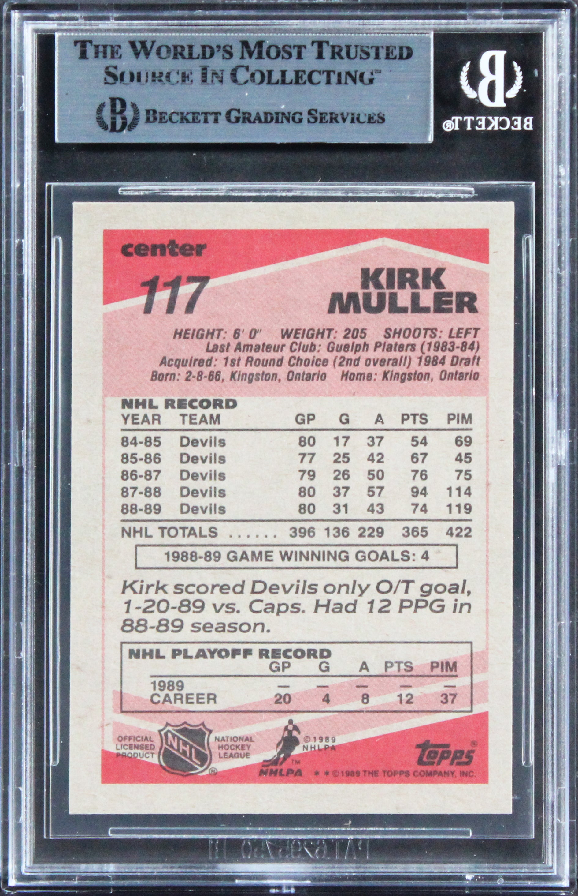 Devils Kirk Muller Authentic Signed 1989 Topps #117 Card BAS Slabbed