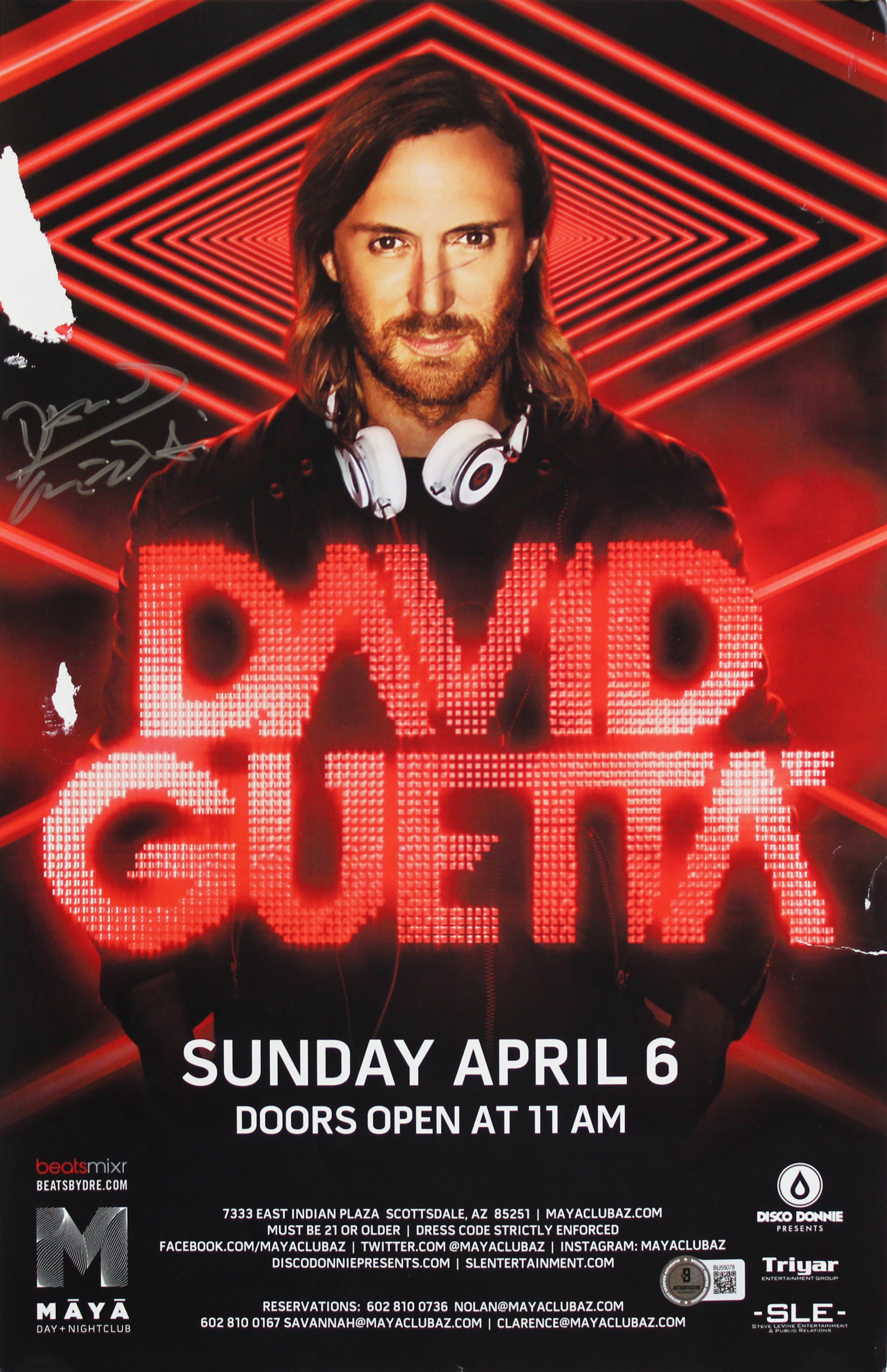 David Guetta Authentic Signed Maya Day & Nightclub 11x17 Poster BAS #BU55078