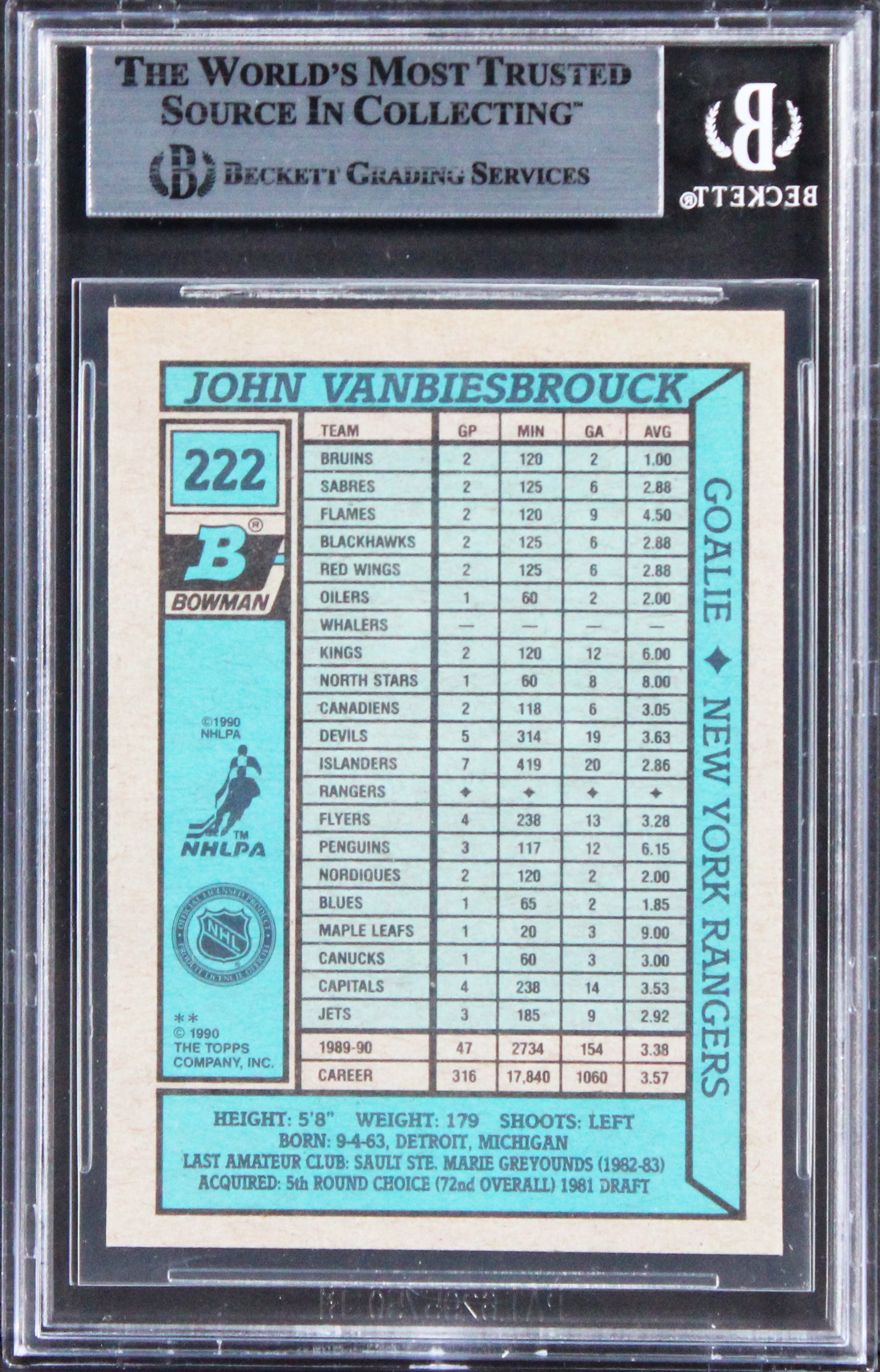 Rangers John Vanbiesbrouck Authentic Signed 1990 Bowman #222 Card BAS Slabbed