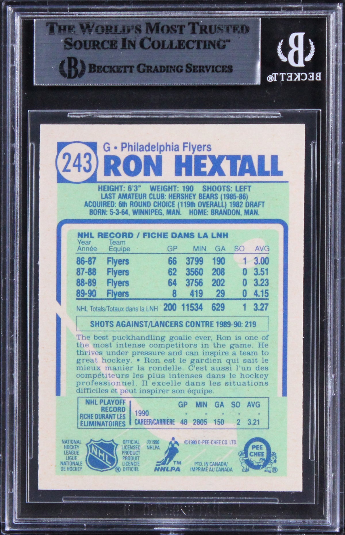 Flyers Ron Hextall Authentic Signed 1990 O-Pee-Chee #243 Card BAS Slabbed