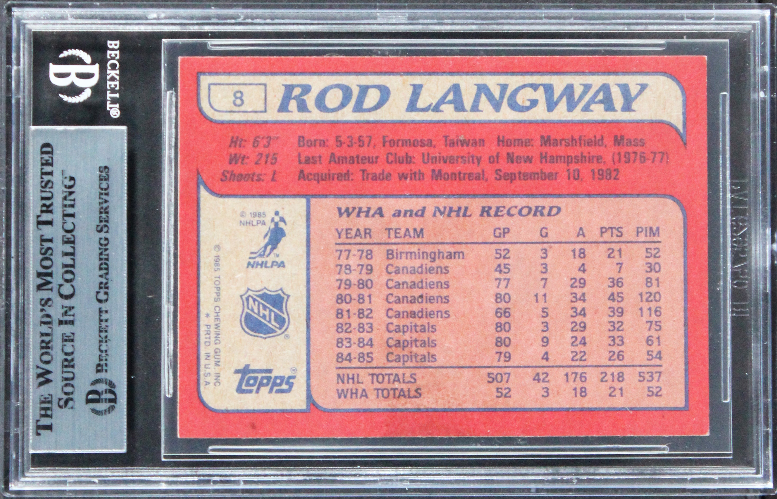 Capitals Rod Langway Authentic Signed 1985 Topps #8 Card BAS Slabbed