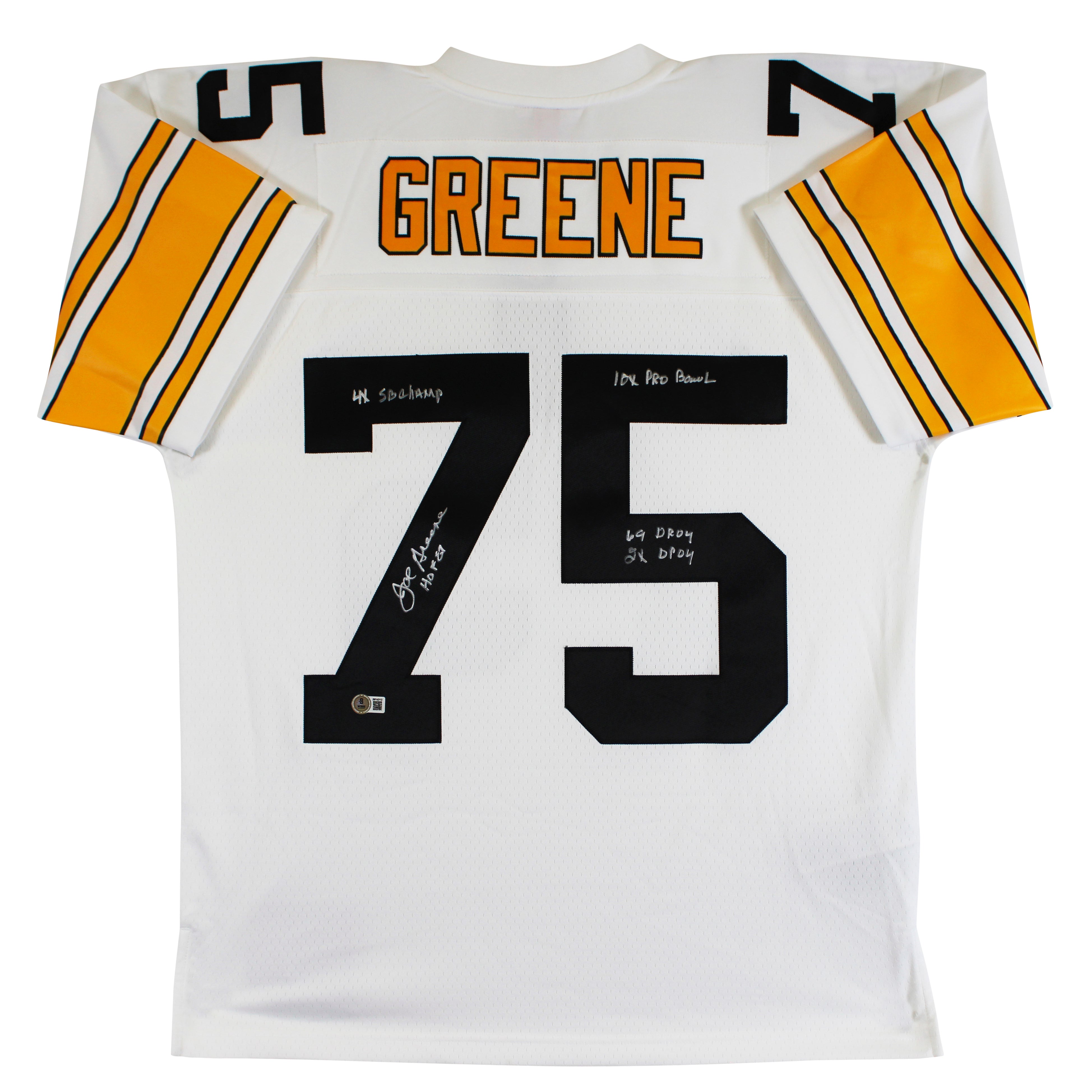 Steelers Joe Greene "Career Stat" Signed White M&N TB Jersey BAS Wit #3W142112