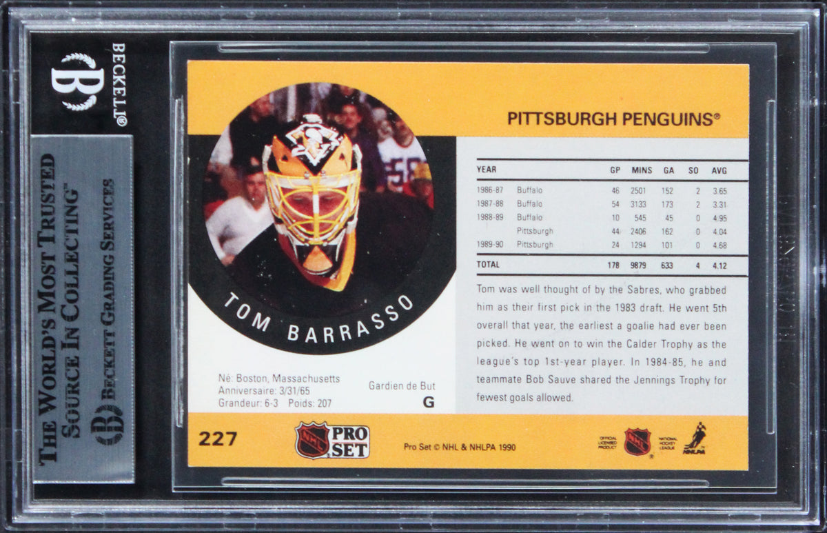 Penguins Tom Barrasso Authentic Signed 1990 Pro Set #227 Card BAS Slabbed