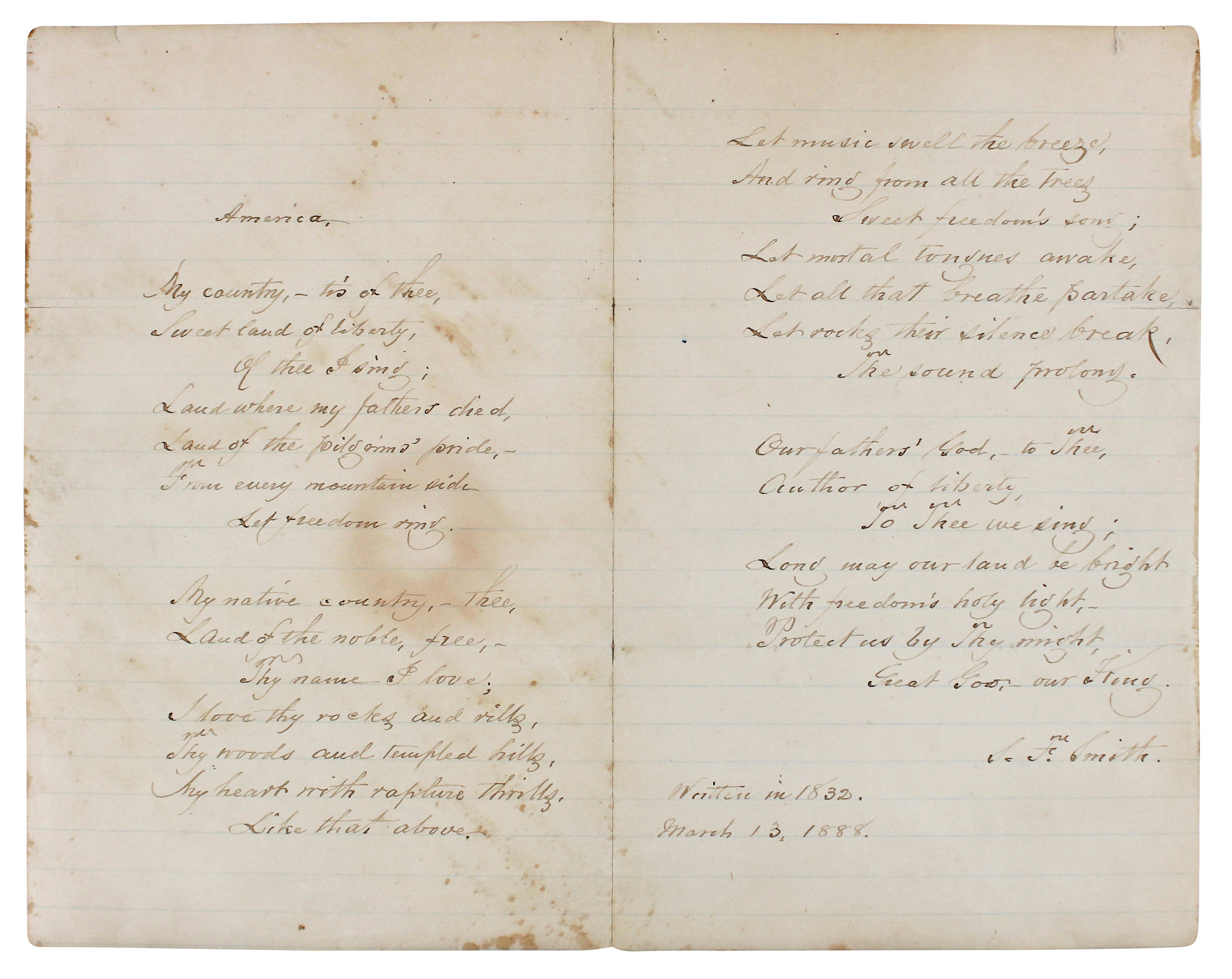 Samuel Francis Smith Signed 8x10 Hand Written "My country" Poem BAS #AE09505