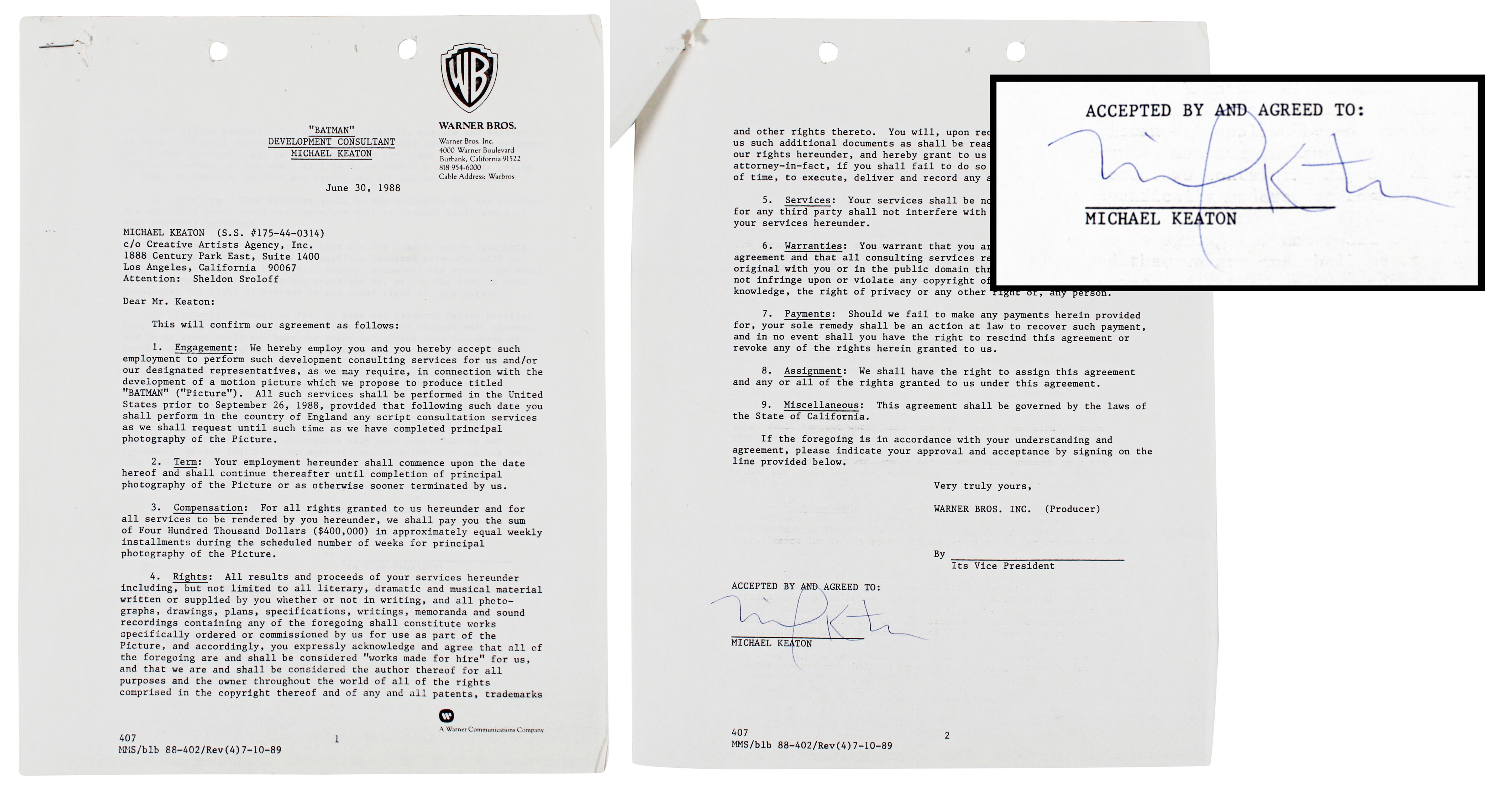 Michael Keaton Signed 1989 Batman Film WB Development Contract BAS #AE09502