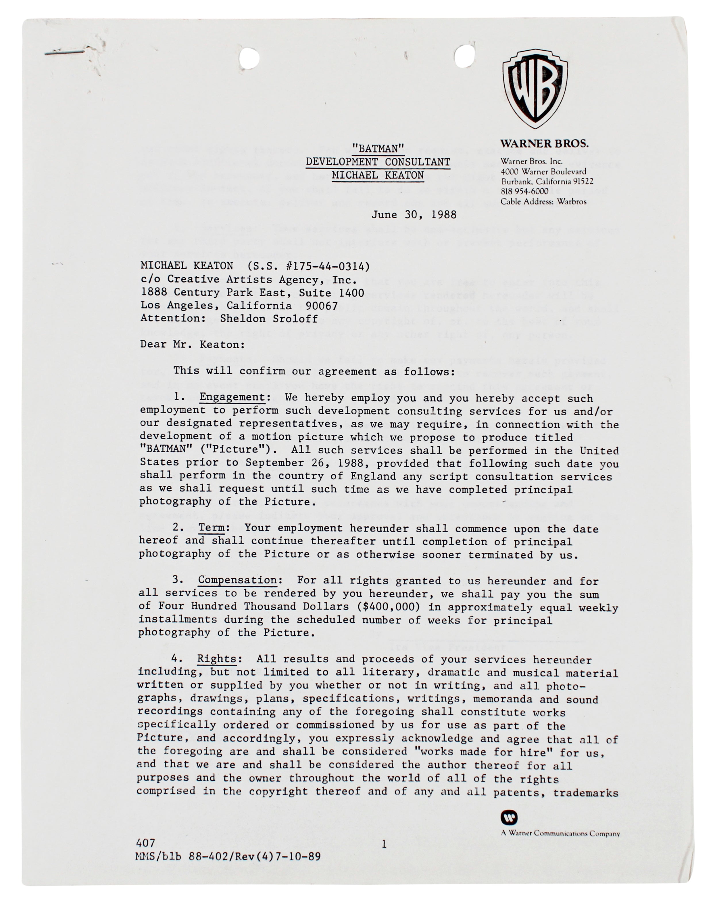 Michael Keaton Signed 1989 Batman Film WB Development Contract BAS #AE09502