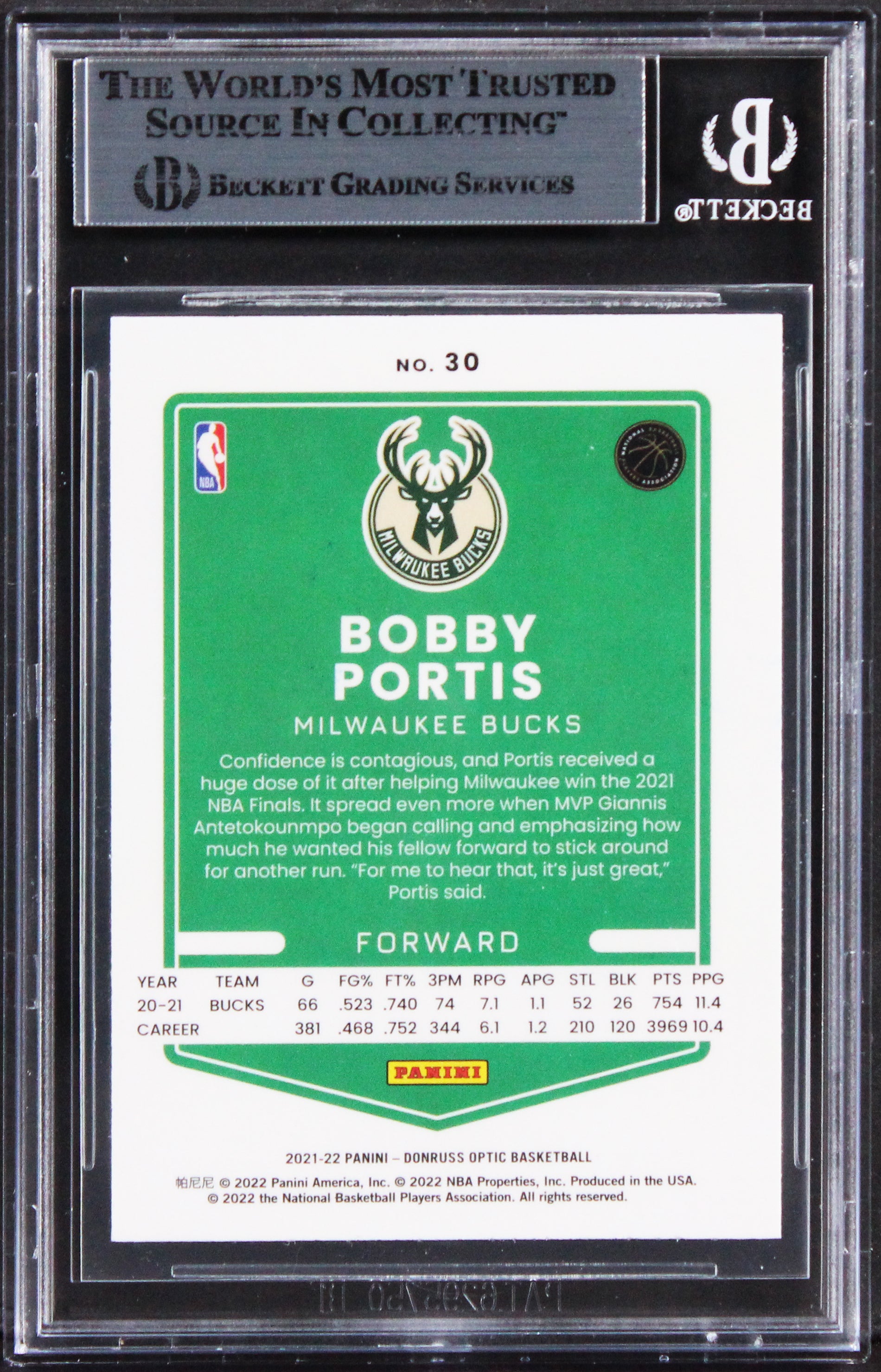 Bucks Bobby Portis Authentic Signed 2021 Donruss Optic #30 Card BAS Slabbed