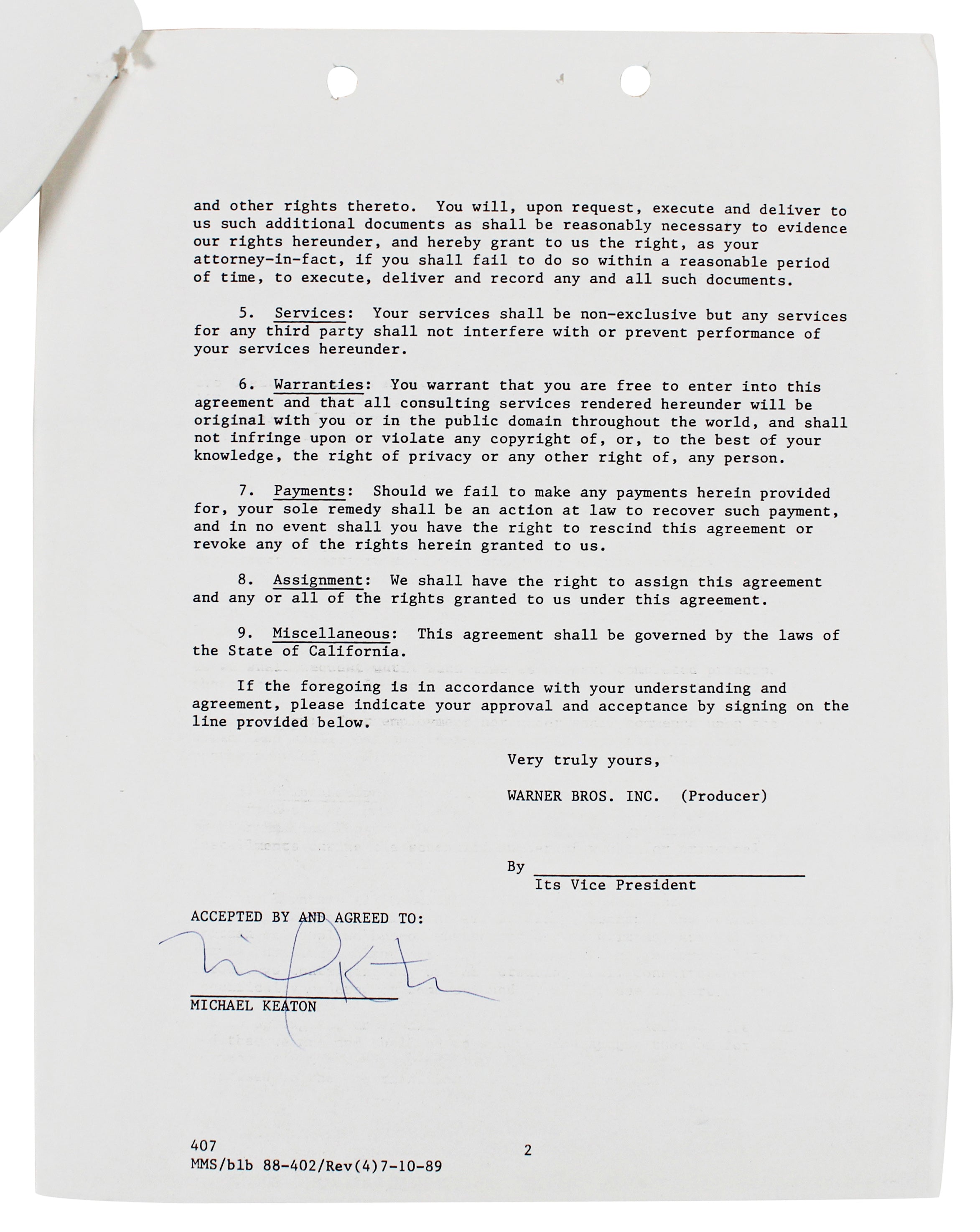 Michael Keaton Signed 1989 Batman Film WB Development Contract BAS #AE09502