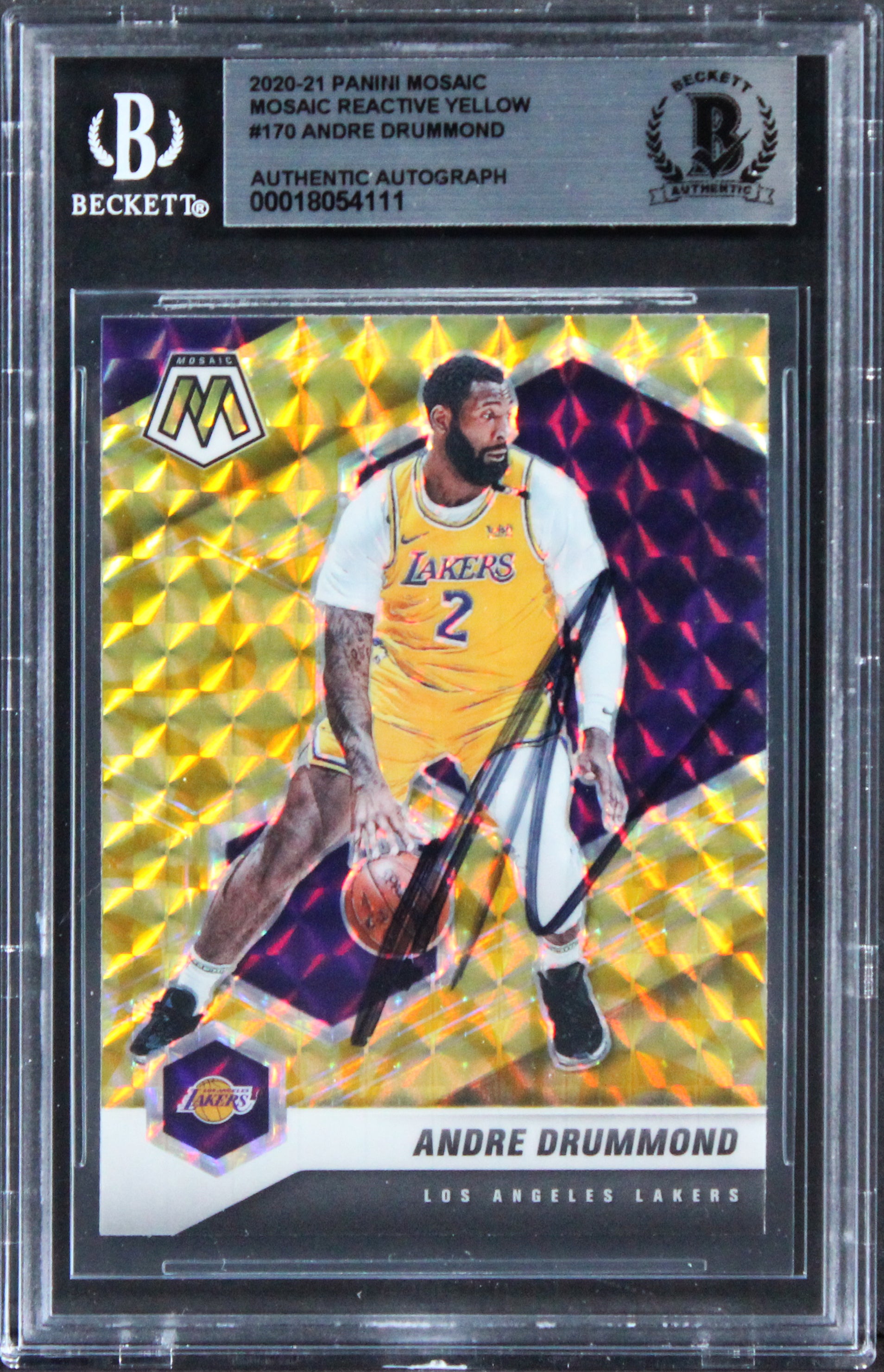 Lakers Andre Drummond Signed 2020 Panini Mosaic React Yel #170 Card BAS Slabbed