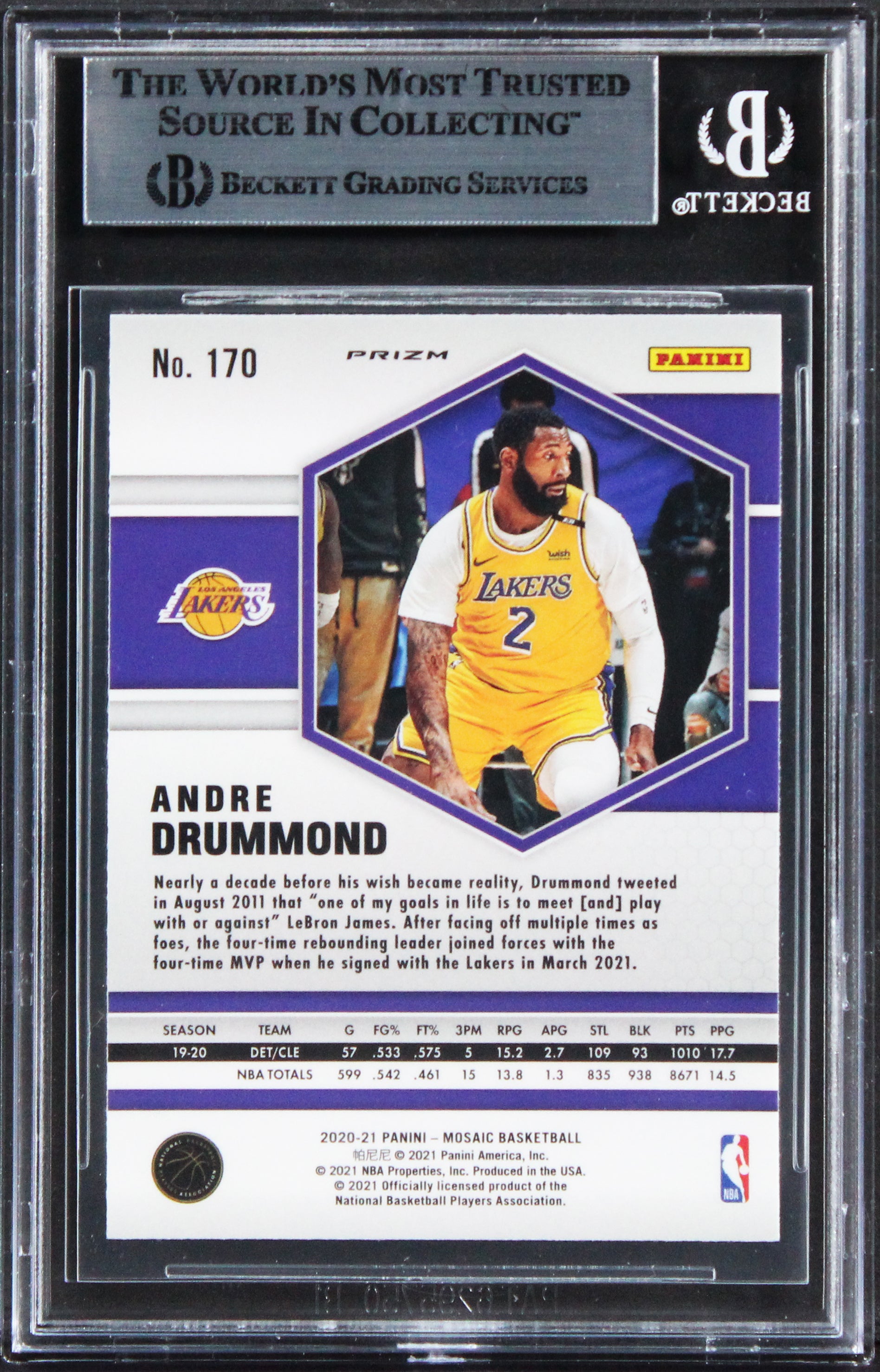 Lakers Andre Drummond Signed 2020 Panini Mosaic React Yel #170 Card BAS Slabbed
