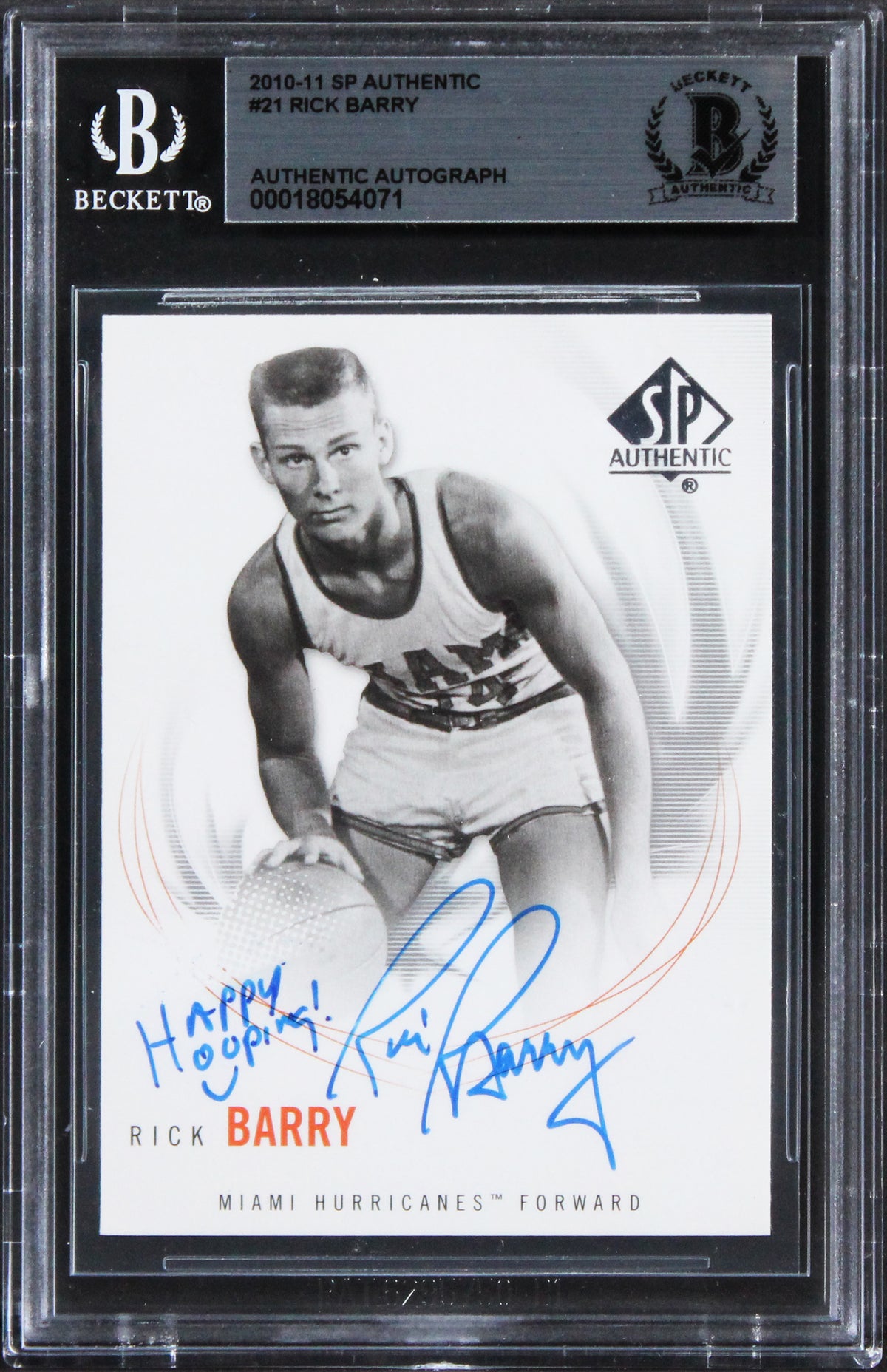 Miami Rick Barry "Happy Hooping!" Signed 2010 SP Authentic #21 Card BAS Slabbed