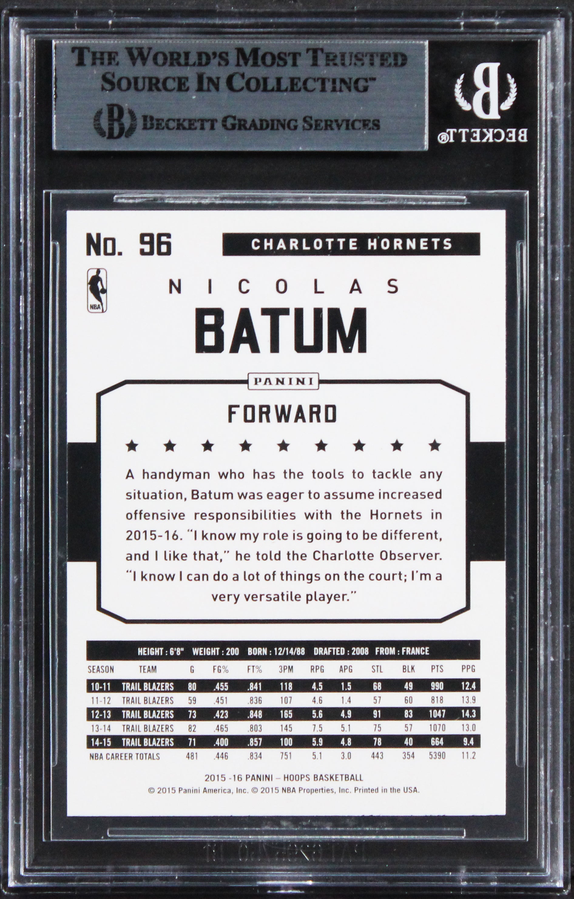 Hornets Nicolas Batum Authentic Signed 2015 Hoops #96 Card BAS Slabbed