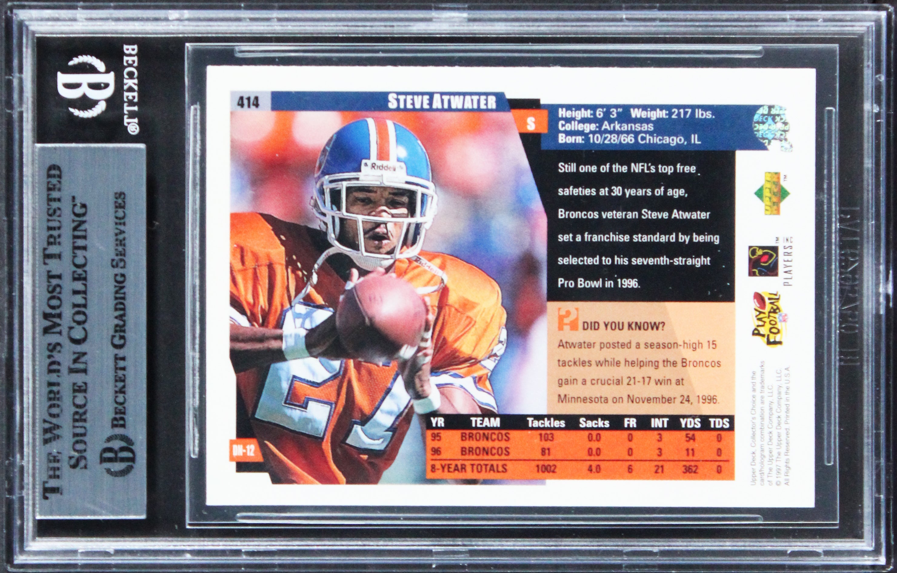 Broncos Steve Atwater Signed 1997 Collector's Choice #414 Card BAS Slabbed
