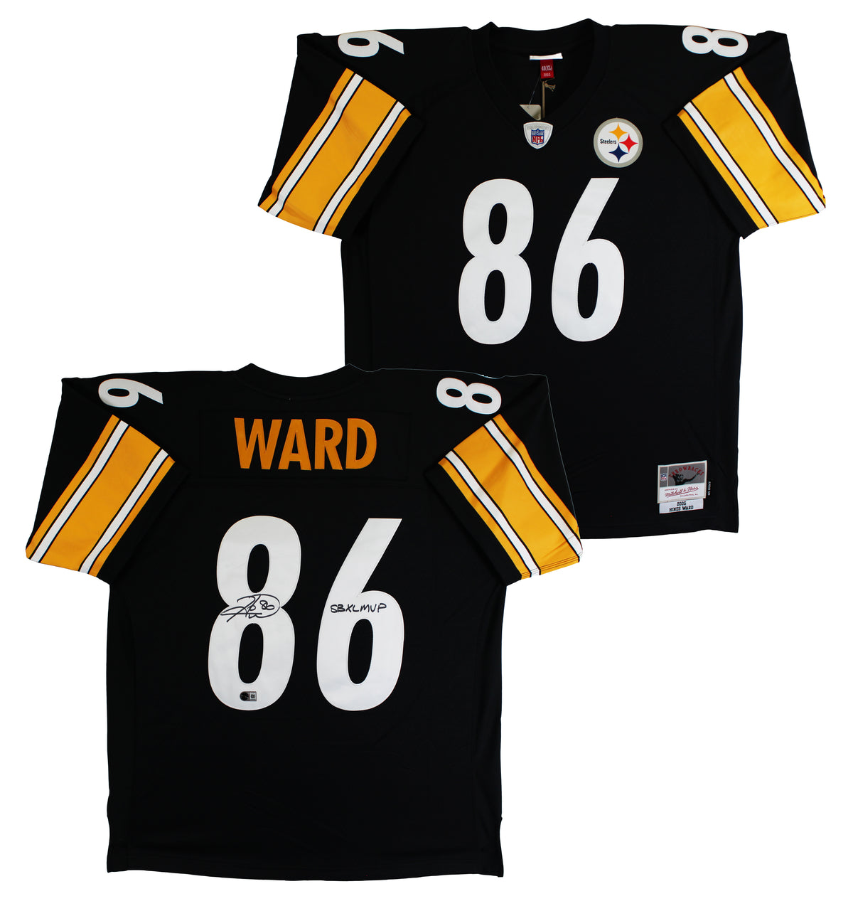 Steelers Hines Ward "SB XL MVP" Signed Black Mitchell & Ness Jersey BAS Witness