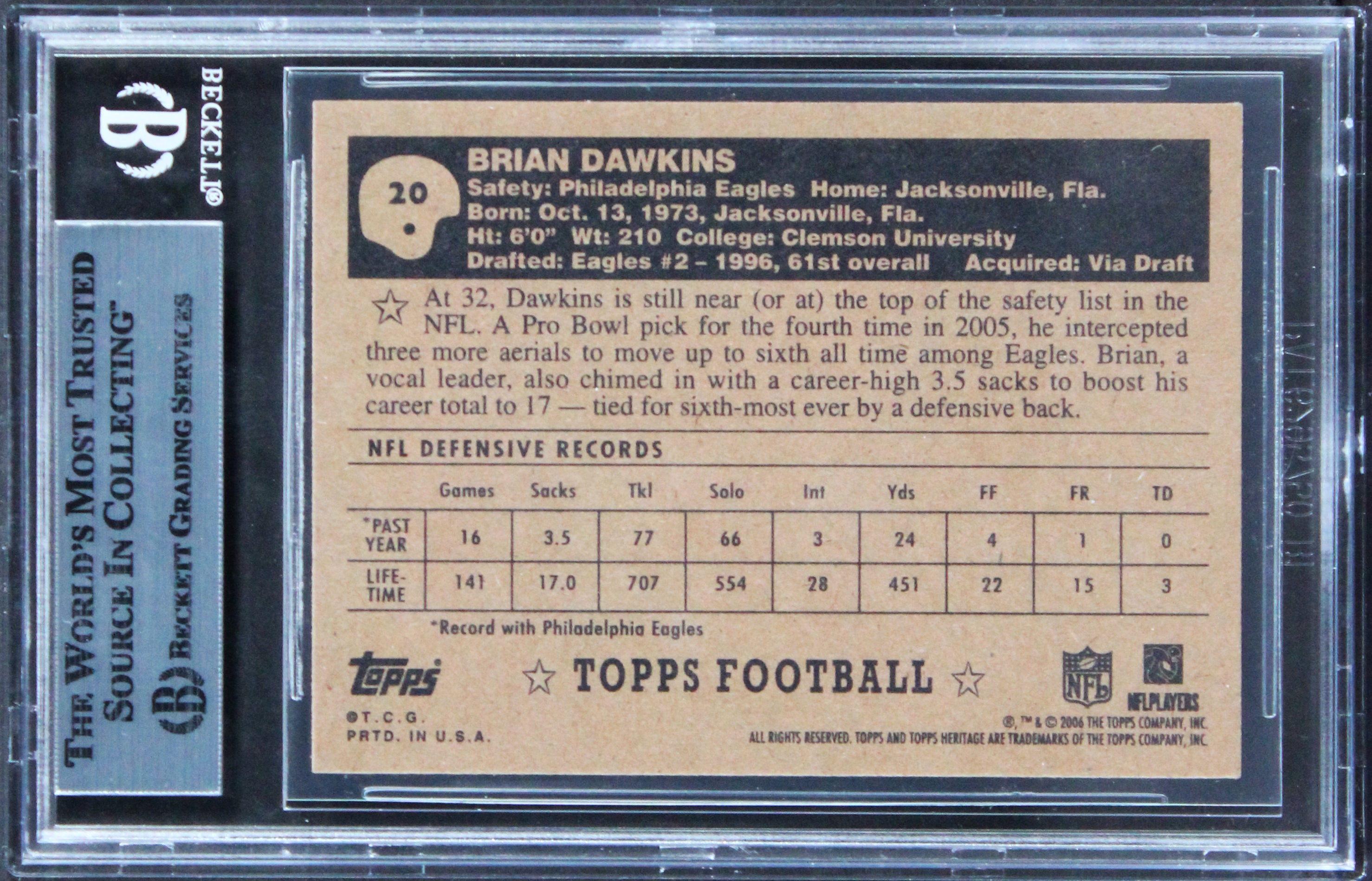 Eagles Brian Dawkins Authentic Signed 2006 Topps Heritage #20 Card BAS Slabbed
