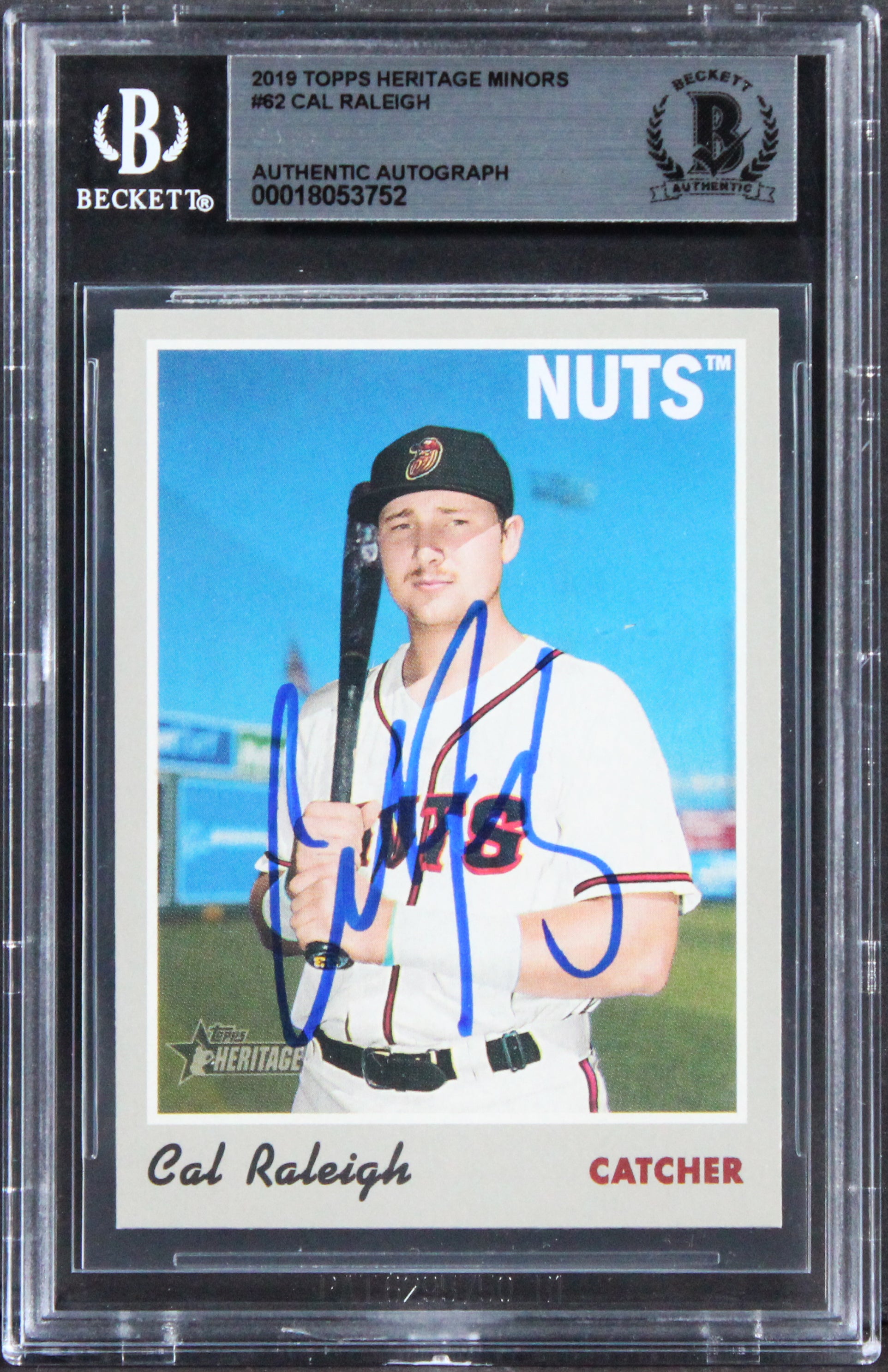 Mariners Cal Raleigh Signed 2019 Topps Heritage Mns #62 Rookie Card BAS Slabbed