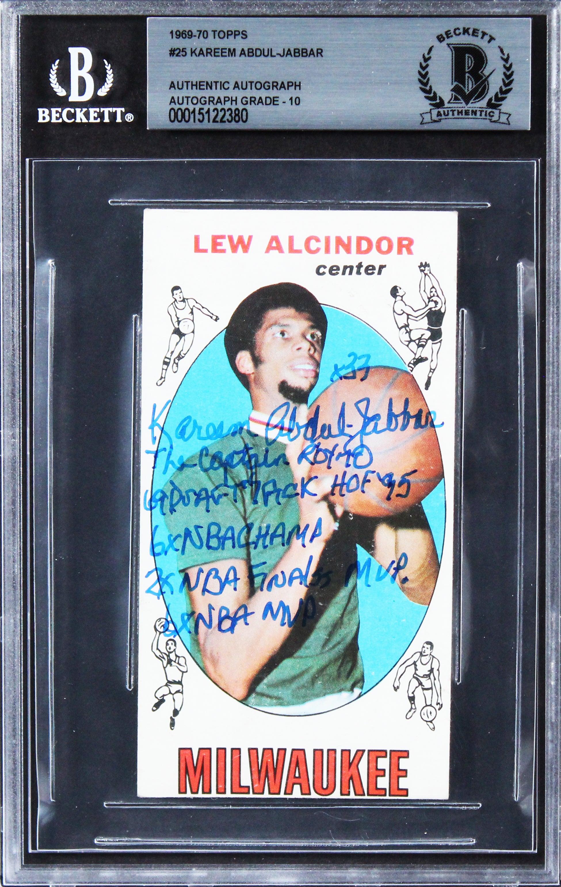 Kareem Abdul-Jabbar "Career Stat" Signed 1969 Topps #25 RC Card Auto 10 BAS Slab