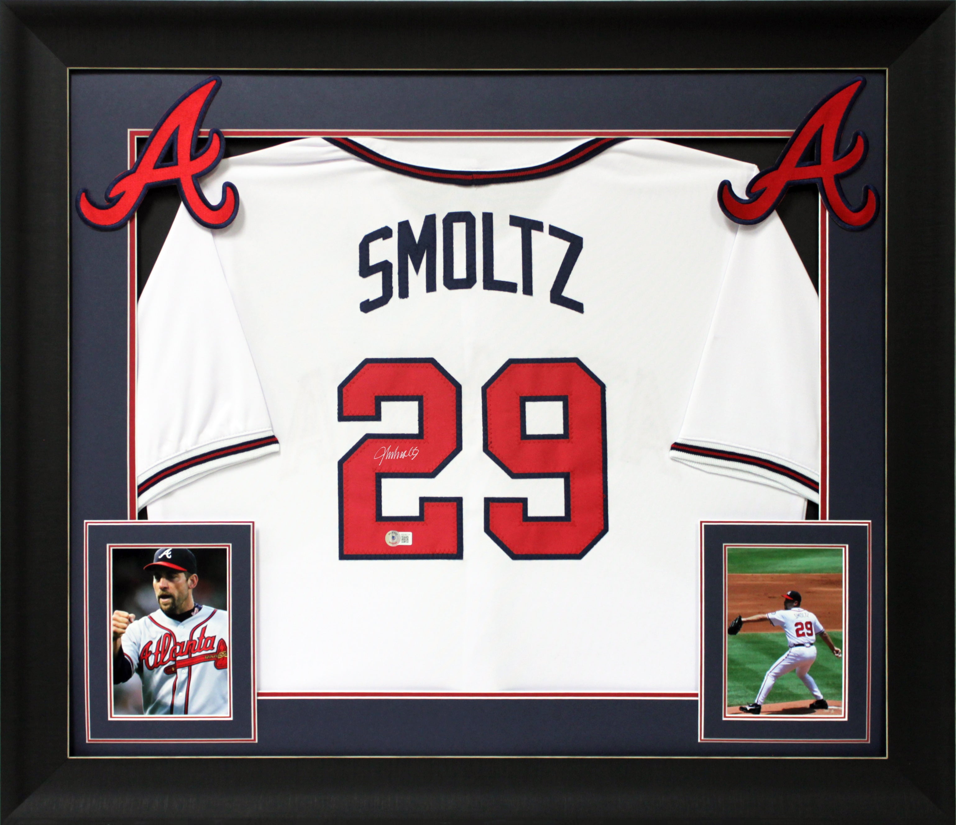 John Smoltz Signed White Pro Style Framed Jersey w/ Silver Sig BAS Witnessed