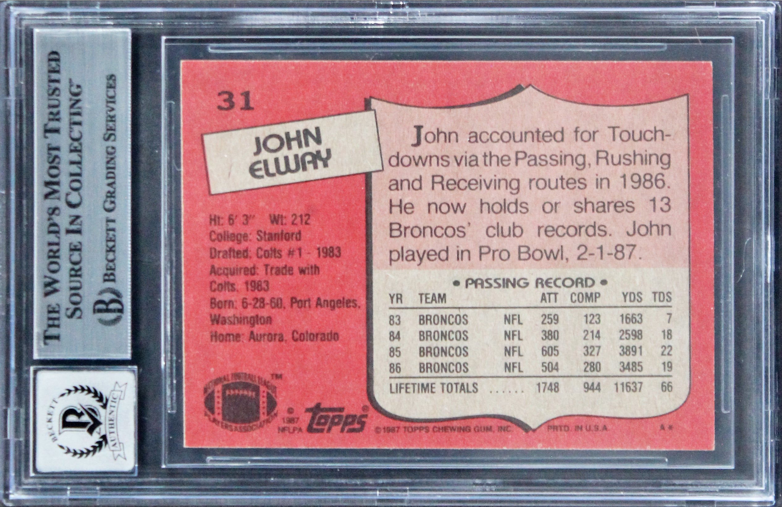 Broncos John Elway Signed 1987 Topps #31 Card Auto Graded Gem 10! BAS Slabbed